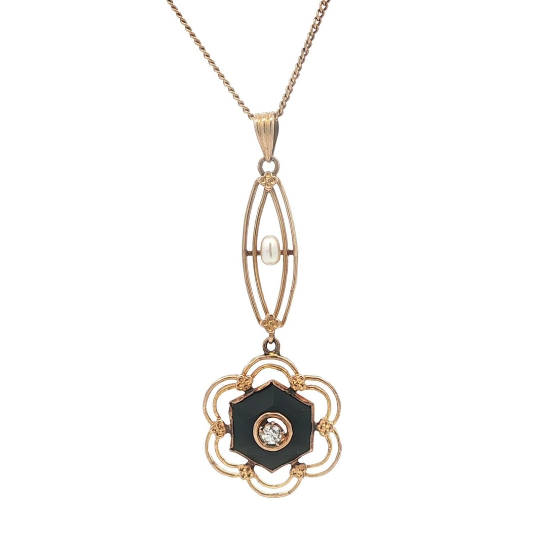 Antique 10k Gold Lavalier Pendant with Black Jet Seed Pearl Chain: Antique 10k Gold Lavalier Pendant with Black Jet Seed Pearl Chain This exquisite antique lavalier pendant features a stunning design crafted from solid 10k yellow gold and is complemented by a 14k gol