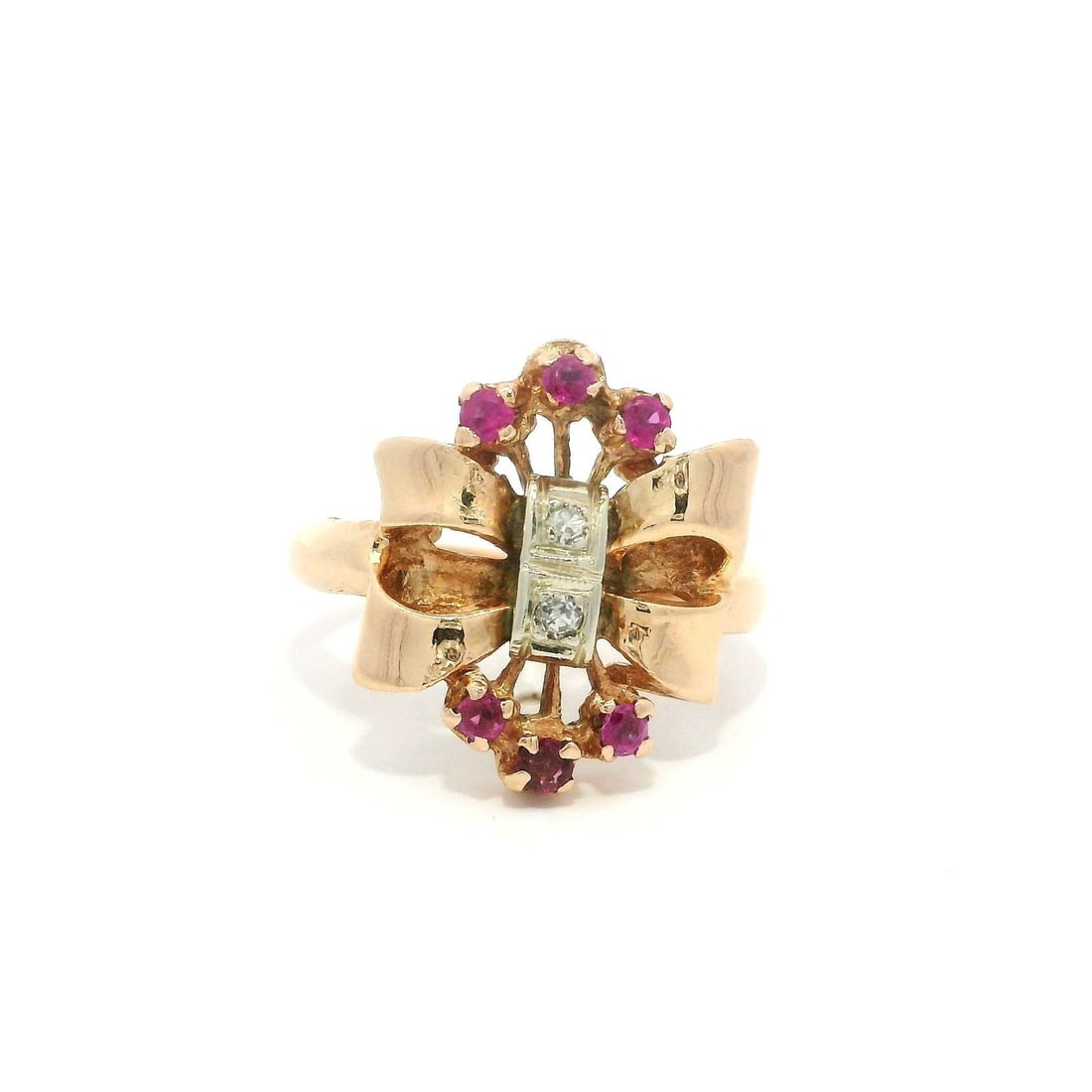 Vintage Rose Gold Ribbon Bow Ring with Ruby and Diamond 0.33ctw: Vintage Rose Gold Ribbon Bow Ring with Ruby and Diamond 0.33ctw This exquisite Vintage Retro Rose Gold Ribbon Bow Band Ring features a stunning combination of natural gemstones, making it a perfect ac