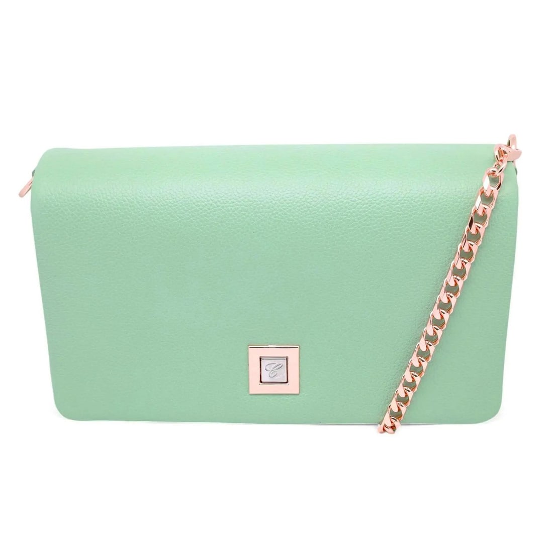 Chopard Ice Cube Mini Shoulder Bag Mint Green Leather 95000-1173: Chopard Ice Cube Mini Shoulder Bag Mint Green Leather 95000-1173 Elevate your style with the Chopard Ice Cube Mini Shoulder Bag, crafted from mint green grained calf leather. This chic and practical h