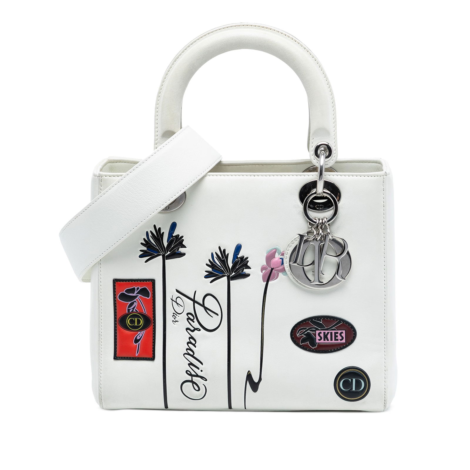 Dior Paradise Lady Dior Medium White Lambskin Satchel with Detachable Strap: Dior Paradise Lady Dior Medium White Lambskin Satchel with Detachable Strap The Medium Lambskin Paradise Lady Dior is a white leather satchel featuring flat leather handles, a detachable strap, and a