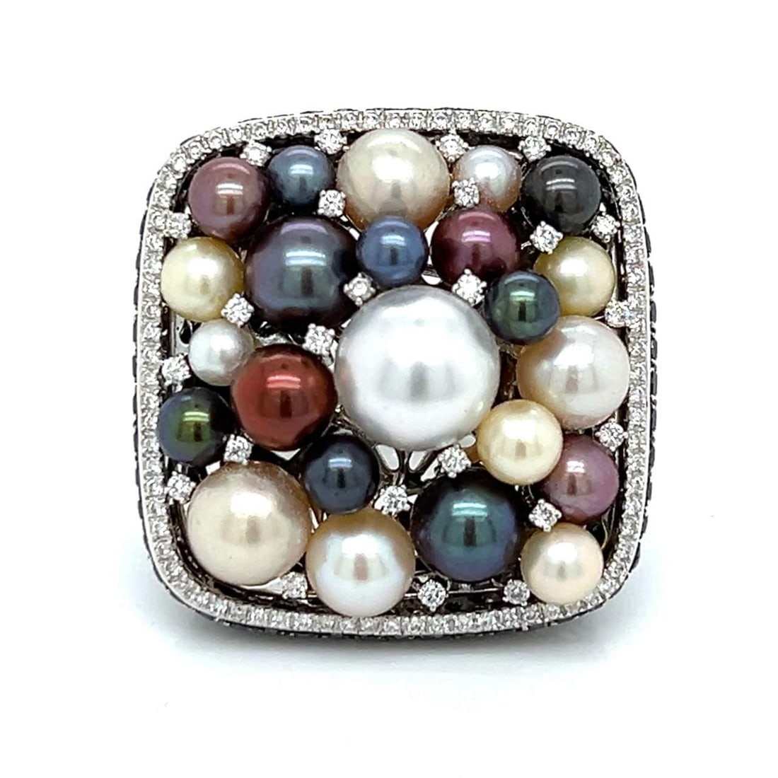 SALAVETTI 18K White Gold Cultured Pearl Diamond Ring 8.16 Ct Black Diamonds: SALAVETTI 18K White Gold Cultured Pearl Diamond Ring 8.16 Ct Black Diamonds This exquisite SALAVETTI ring showcases a stunning combination of cultured pearls and diamonds, elegantly crafted in 18K whi