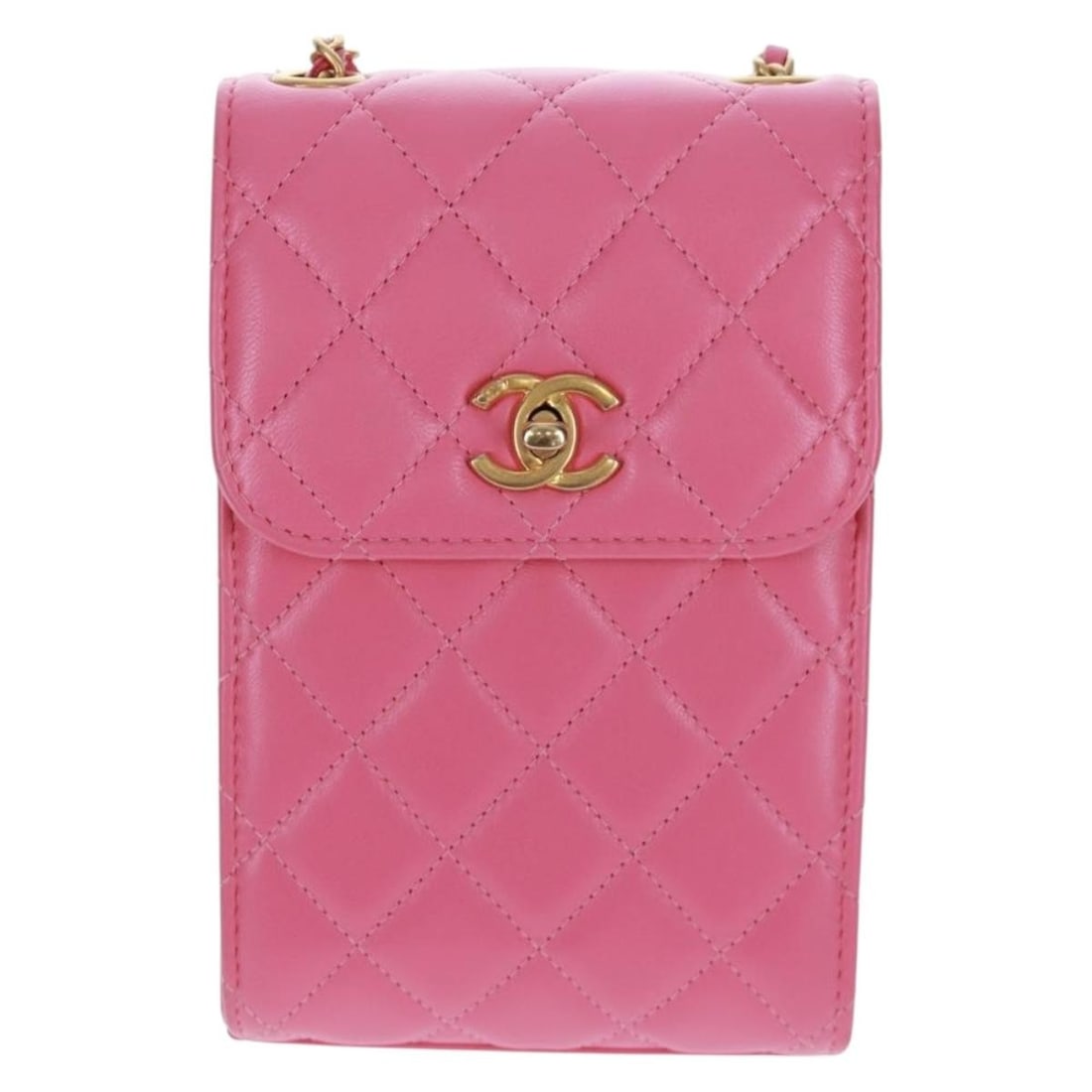 Chanel Pink Quilted Lambskin Pearl Crush Crossbody Phone Holder Bag: Chanel Pink Quilted Lambskin Pearl Crush Crossbody Phone Holder Bag This Chanel Pearl Crush Phone Holder Crossbody Bag is crafted from pink quilted leather and features a compact design. It is designe