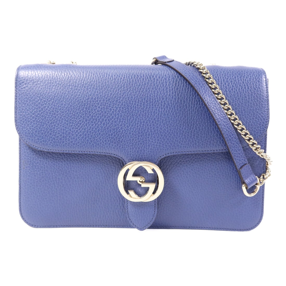 Gucci Interlocking GG Blue Calfskin Shoulder Bag with Gold Tone Hardware: Gucci Interlocking GG Blue Calfskin Shoulder Bag with Gold Tone Hardware This GUCCI Interlocking GG shoulder bag features luxurious blue calfskin leather and a classic interlocking GG motif. Crafted i