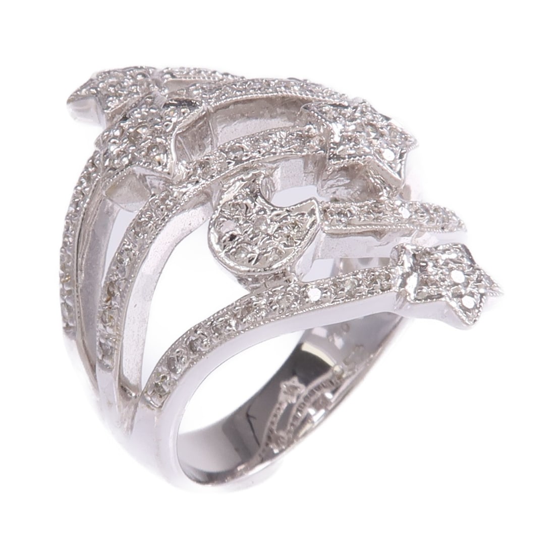 Diamond Band in 18K White Gold Size 6.25 by JEWELRY: Diamond Band in 18K White Gold Size 6.25 by JEWELRY This ring features a diamond set in 18K white gold, sized for US 6.25. The piece has reasonable wear and tear, reflecting a used condition. The main