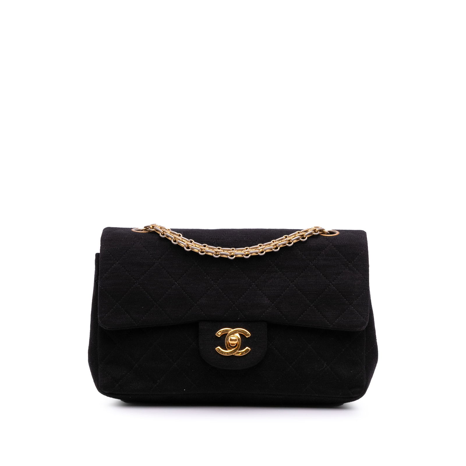 Chanel Small Classic Jersey Double Flap Black Bag with Chain Straps: Chanel Small Classic Jersey Double Flap Black Bag with Chain Straps The Chanel Small Classic Jersey Double Flap bag is a stylish accessory crafted from quilted cotton, featuring iconic chain link stra