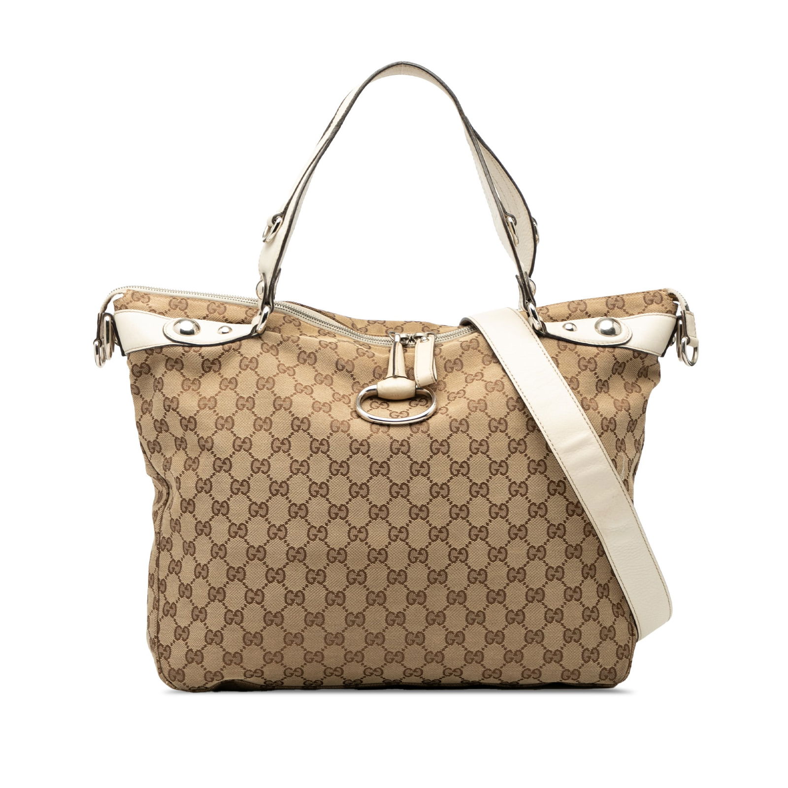 Large GG Canvas Icon Bit Satchel by Gucci with Leather Trim: Large GG Canvas Icon Bit Satchel by Gucci with Leather Trim This Gucci Large GG Canvas Icon Bit Satchel features a brown canvas exterior with leather trim, flat leather handles, and a detachable flat