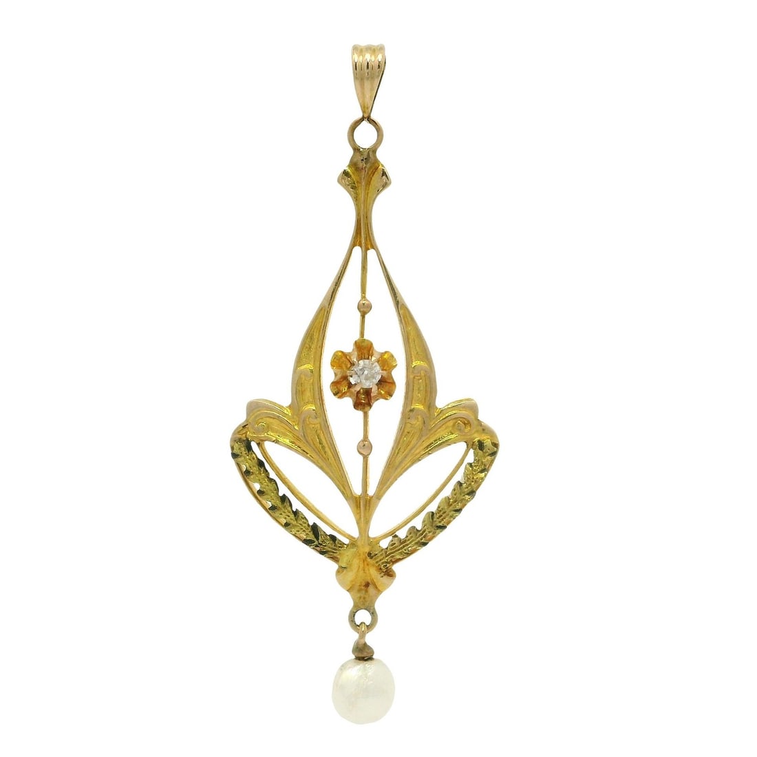 Antique 9k Yellow Gold Floral Diamond Pearl Lavalier Pendant: Antique 9k Yellow Gold Floral Diamond Pearl Lavalier Pendant This exquisite antique lavalier pendant showcases a stunning combination of natural gemstones and intricate floral work. Crafted from solid