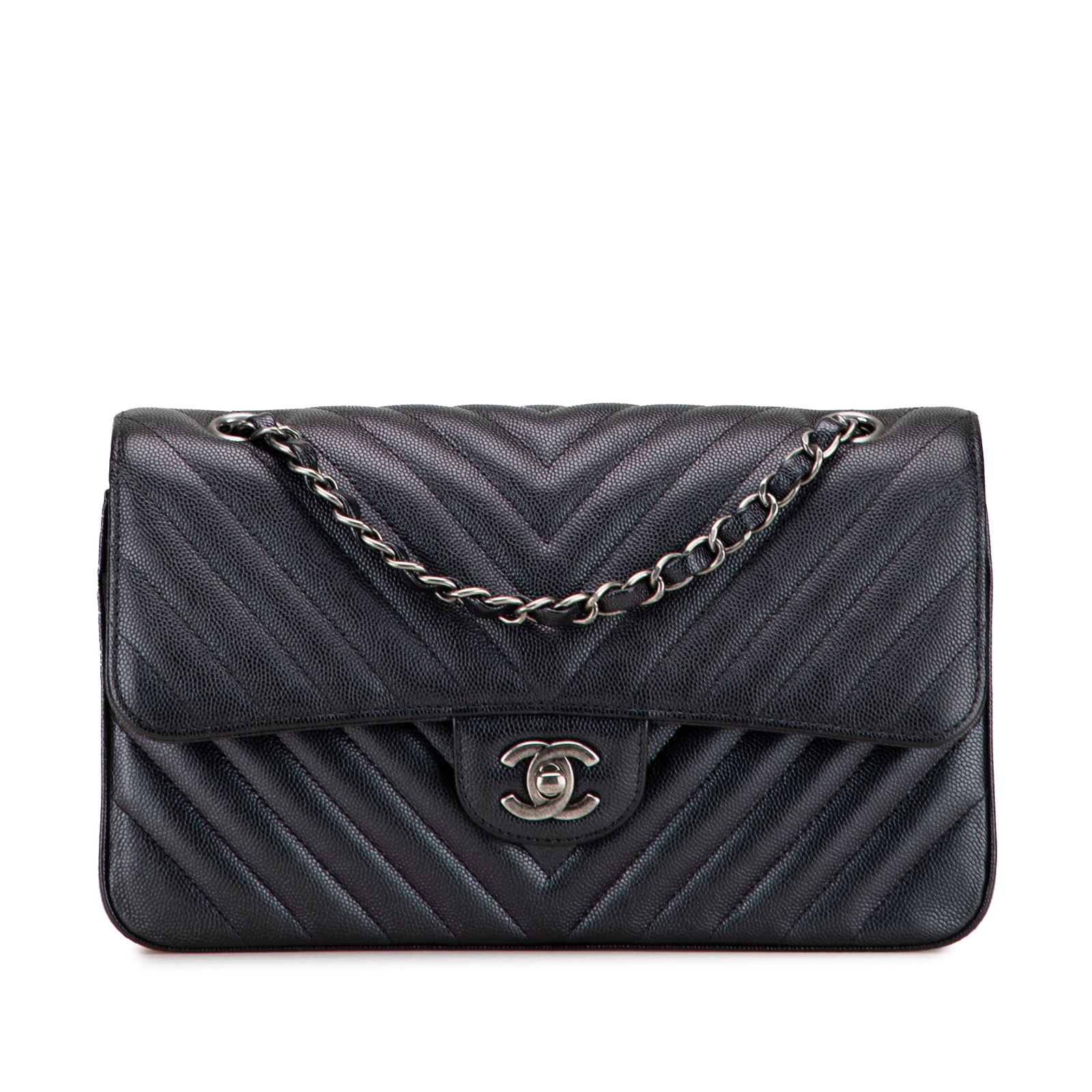 Chanel Medium Classic Chevron Caviar Double Flap Shoulder Bag Black Leather (1 of 10)
