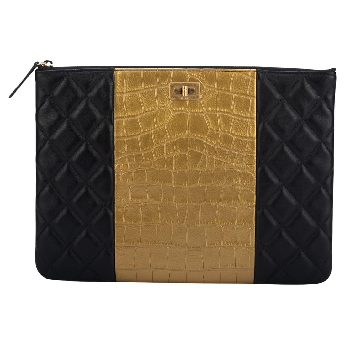 Chanel Black Gold Croc Embossed Clutch Collection 28 Italy: Chanel Black Gold Croc Embossed Clutch Collection 28 Italy This exquisite Chanel clutch showcases a stunning black quilted design with gold croc-embossed leather, perfect for adding a touch of luxury