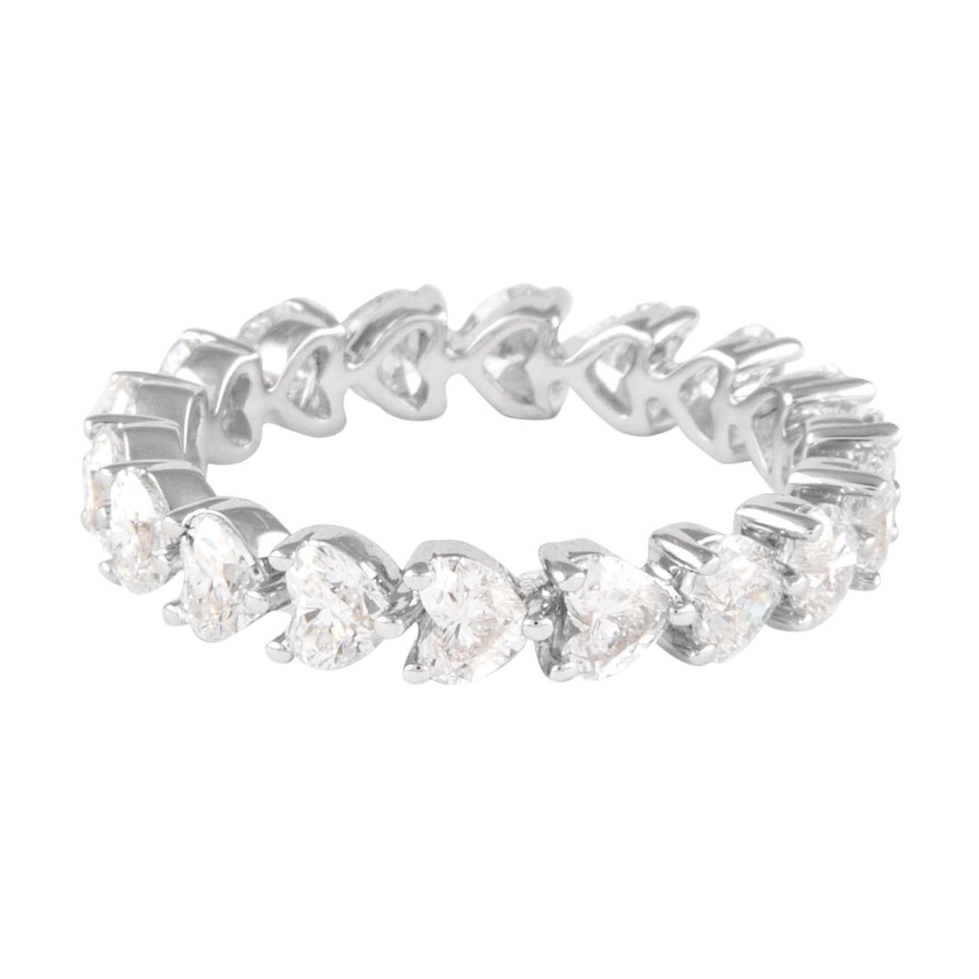 2.51ct Heart Diamond Eternity Band in 18k White Gold: 2.51ct Heart Diamond Eternity Band in 18k White Gold This exquisite eternity band features 18 heart-shaped brilliant diamonds totaling 2.51 carats, showcasing a dazzling D/E color and VVS clarity. Cra