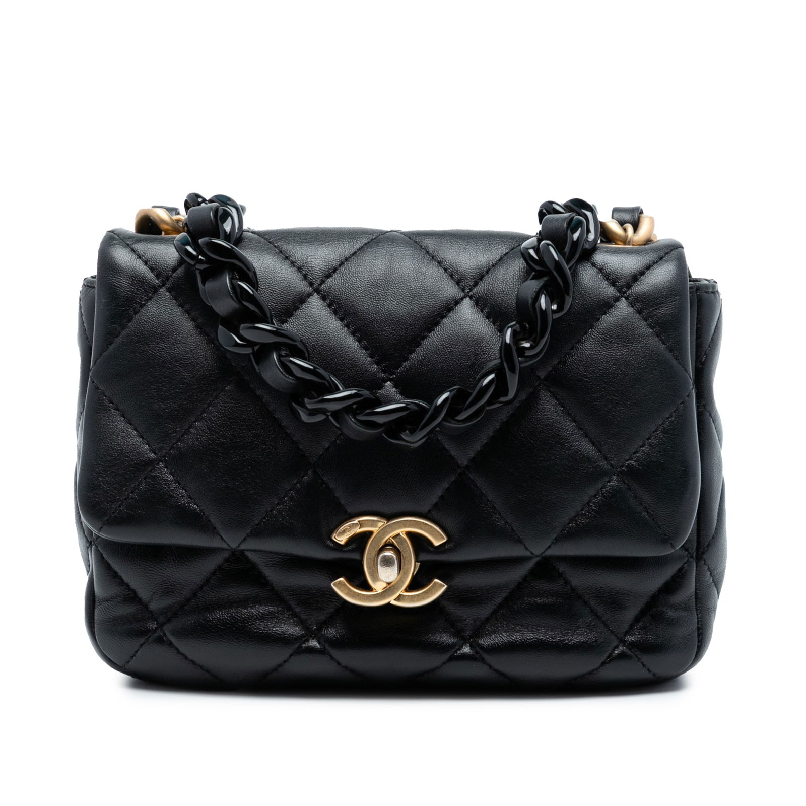 Chanel Black Mini Lambskin Quilted Flap Bag with Lacquered Chain Strap: Chanel Black Mini Lambskin Quilted Flap Bag with Lacquered Chain Strap This Chanel Mini Quilted Lambskin Lacquered Chain Flap features a quilted lambskin leather body, a leather-woven lacquered chain