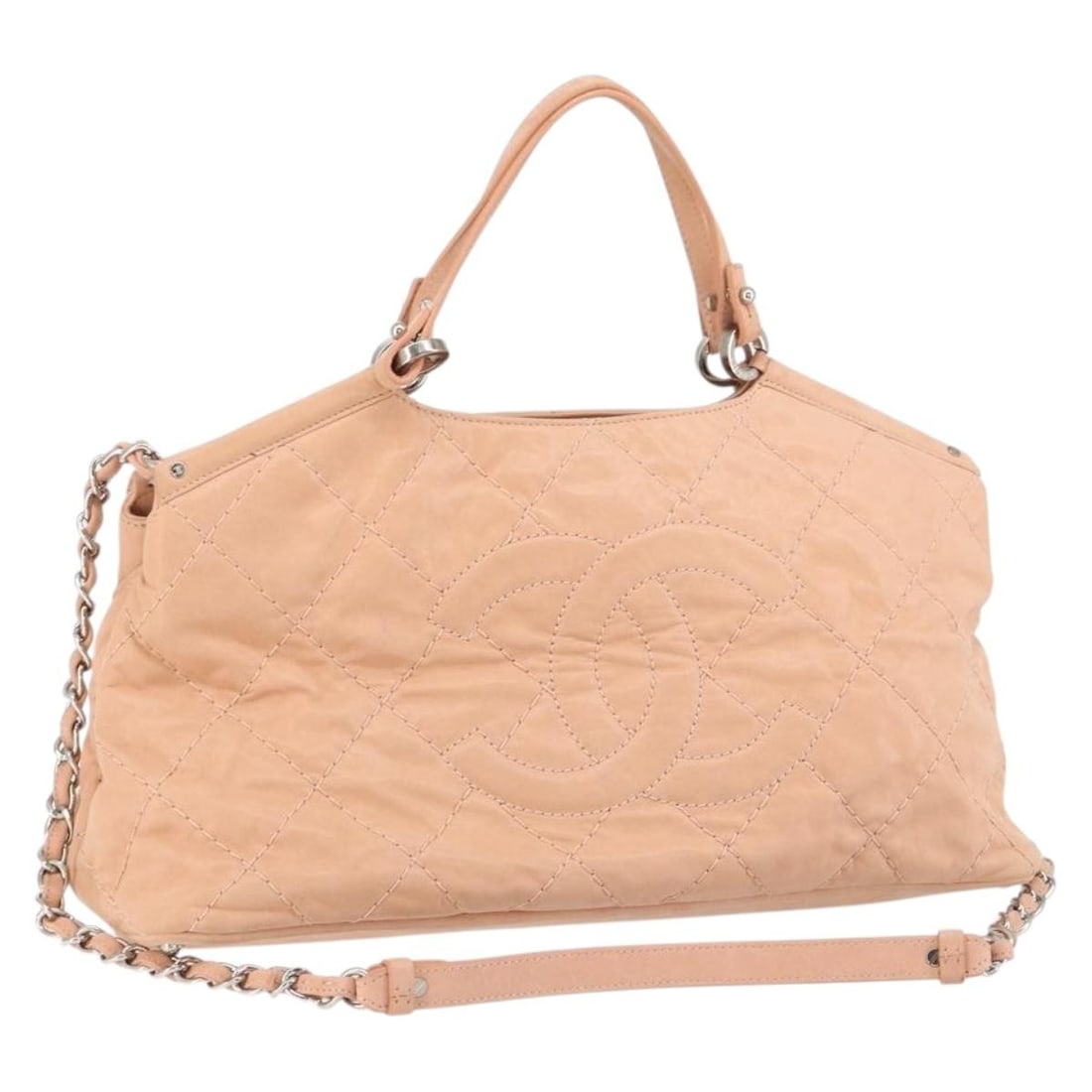 Chanel Iridescent Quilted Pink Leather CC Sea Hit Tote Bag: Chanel Iridescent Quilted Pink Leather CC Sea Hit Tote Bag This pre-owned Chanel CC Sea Hit Tote is crafted from iridescent pink quilted calfskin leather. Designed for women, the bag features a chain