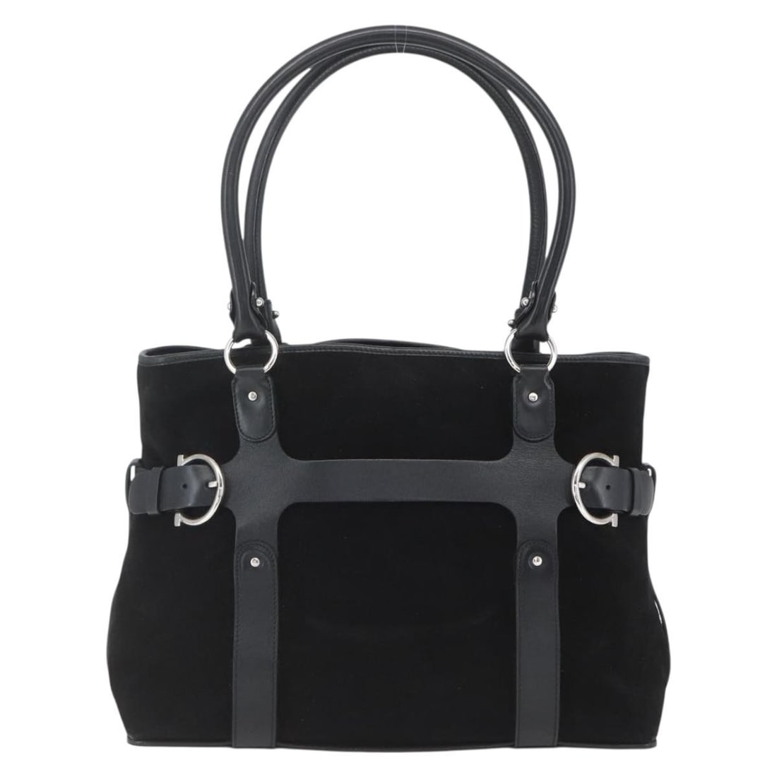Gancini Black Suede Handbag by Salvatore Ferragamo for Women: Gancini Black Suede Handbag by Salvatore Ferragamo for Women This Salvatore Ferragamo Gancini handbag features a black suede exterior with leather trim and metal fittings. Designed for women, it offer