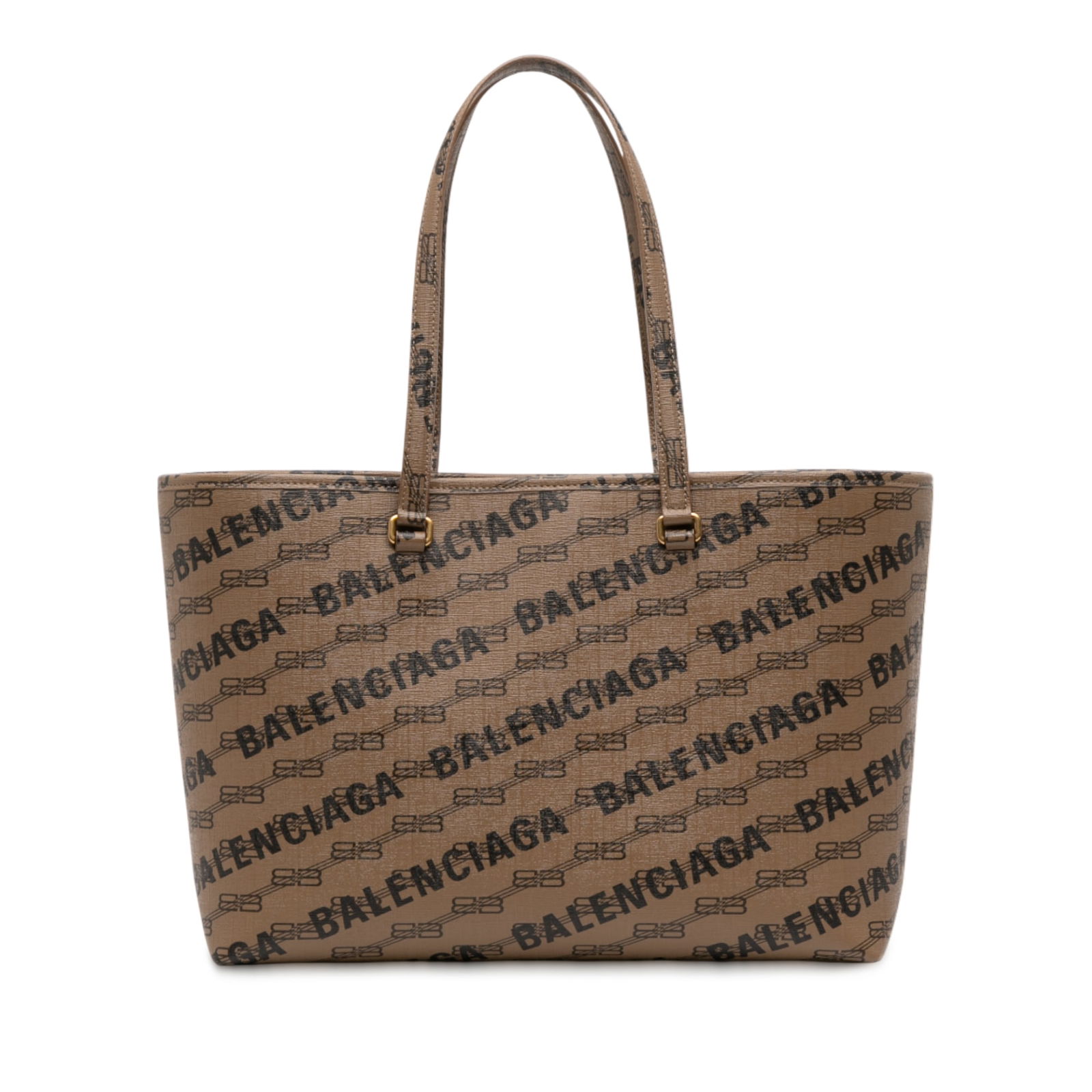 Balenciaga BB Monogram Medium Coated Canvas Tote Bag: Balenciaga BB Monogram Medium Coated Canvas Tote Bag This Balenciaga BB Monogram Signature Shopper M tote bag features a printed coated canvas exterior in brown with flat handles and an open top secur