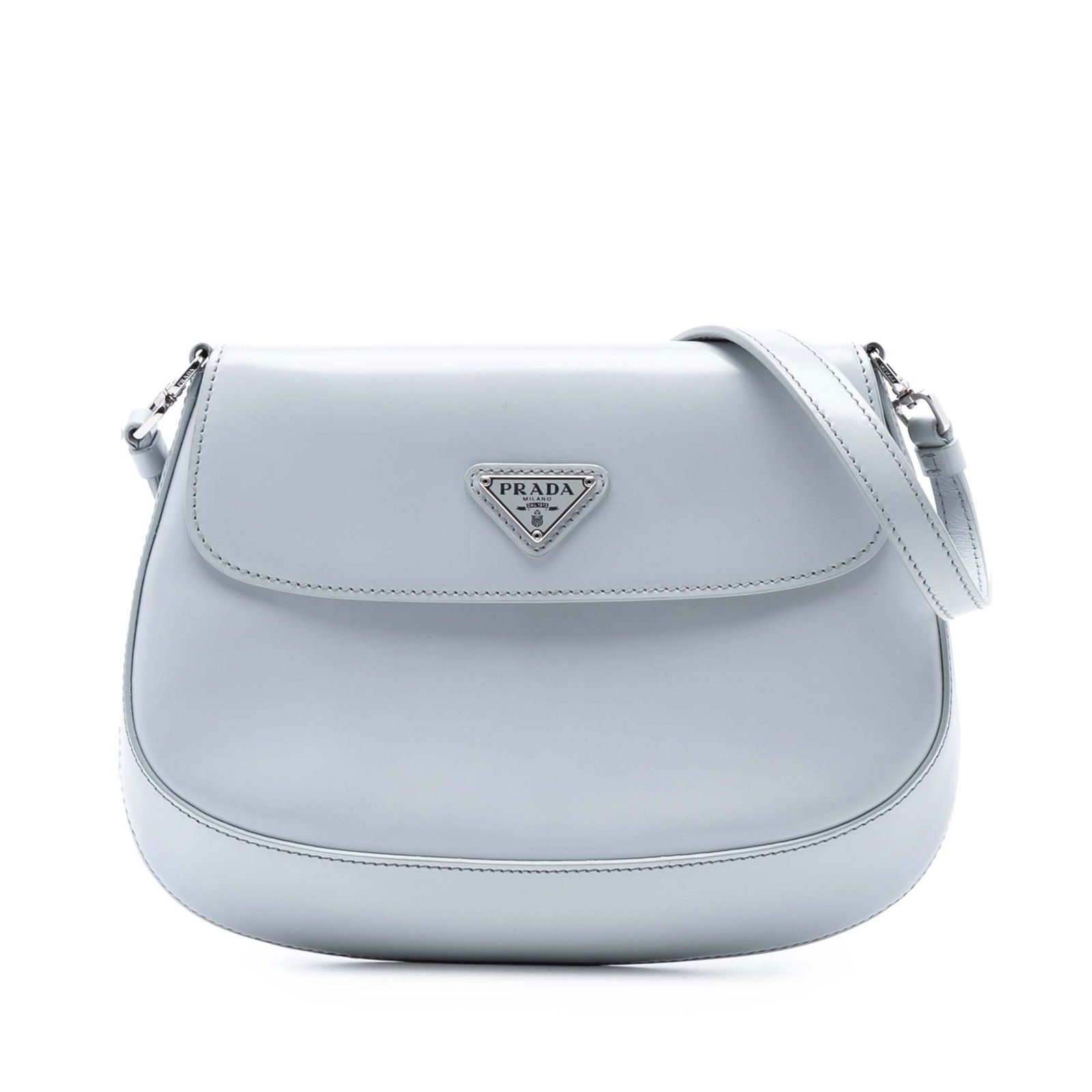 Prada Cleo Mini Gray Leather Crossbody Bag with Flap: Prada Cleo Mini Gray Leather Crossbody Bag with Flap This Prada Mini Brushed Leather Cleo Flap crossbody bag features a gray leather body with a flat leather strap and a front flap secured by a magnet