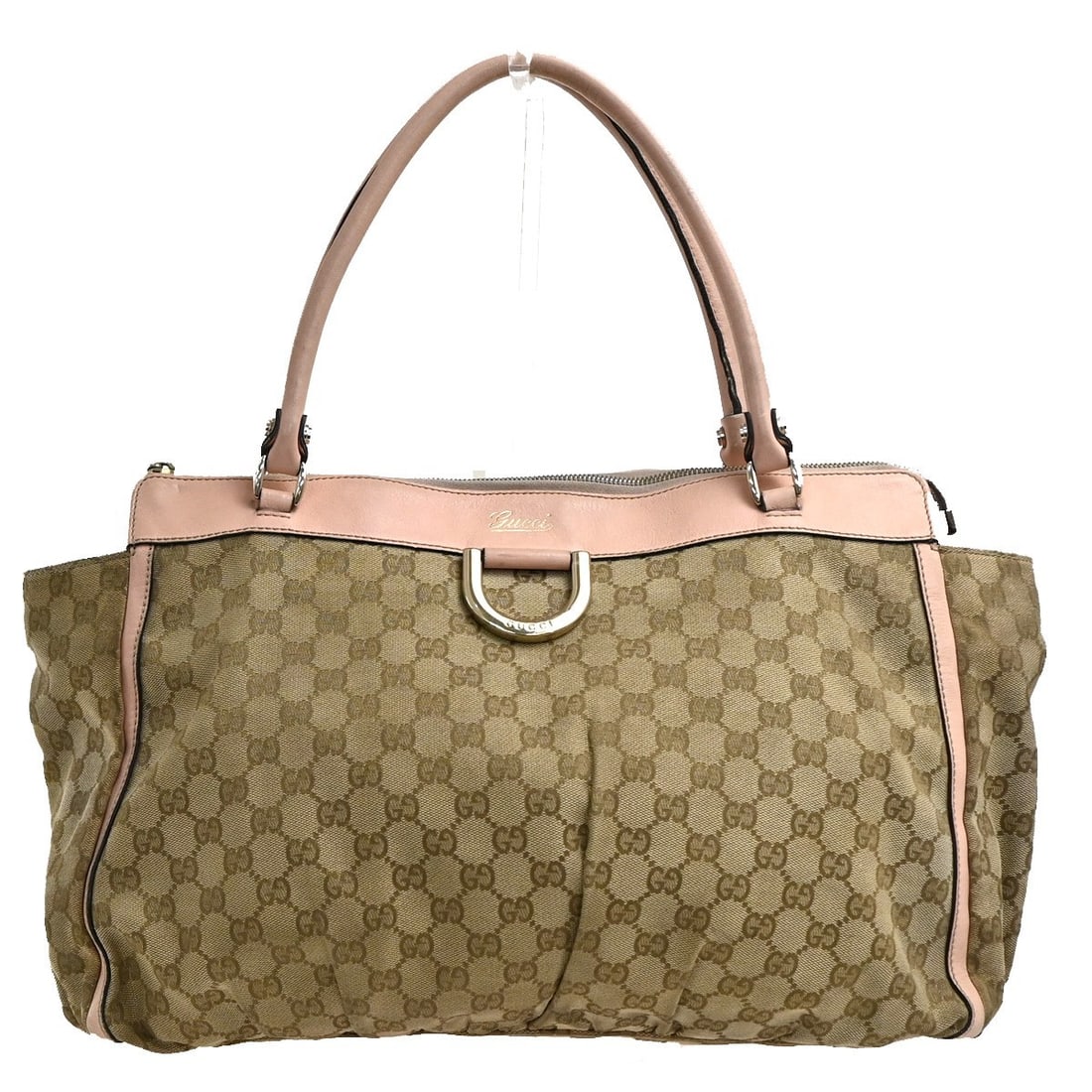 Brown Canvas D-Ring Shoulder Purse by Gucci: Brown Canvas D-Ring Shoulder Purse by Gucci This Gucci D-Ring Shoulder Bag features the iconic GG canvas in a brown color and is designed for women. The bag shows signs of use, including scuffs, dirt,