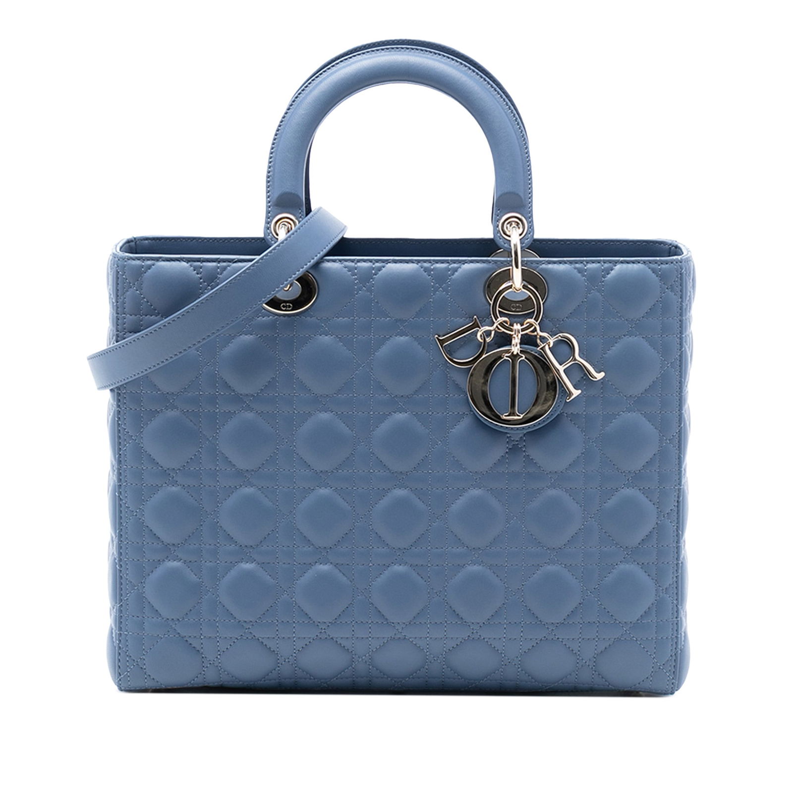 Dior Lady Dior Large Blue Lambskin Cannage Quilted Tote Handbag: Dior Lady Dior Large Blue Lambskin Cannage Quilted Tote Handbag This Lady Dior bag features a quilted lambskin leather exterior in blue, flat leather top handles, a top flap closure, and an interior z