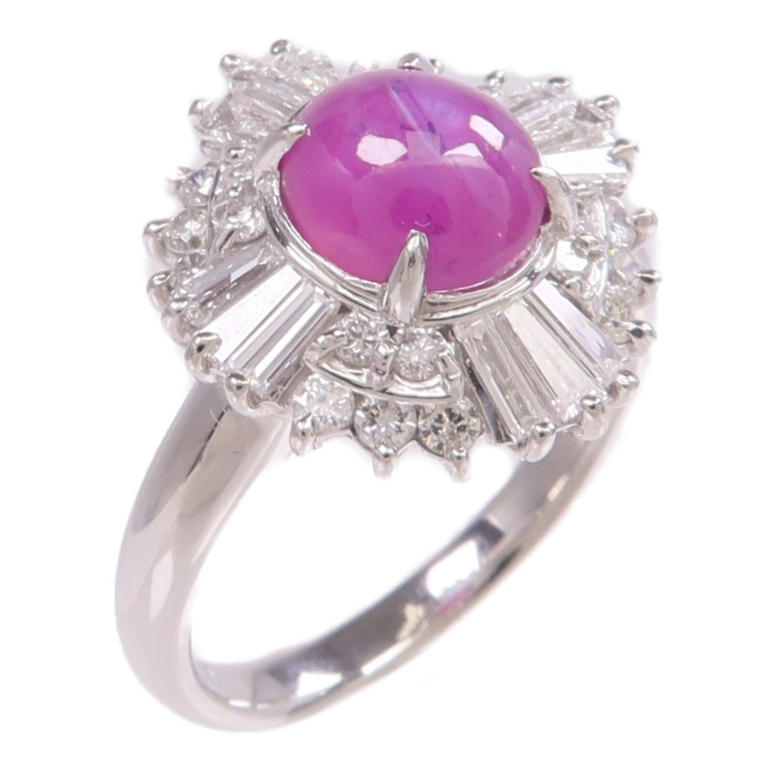 Star Sapphire and Diamond Platinum Ring Size 5.75: Star Sapphire and Diamond Platinum Ring Size 5.75 This elegant ring features a captivating purple star sapphire as its centerpiece, set in high-purity PT900 platinum. The ring is crafted in a classic