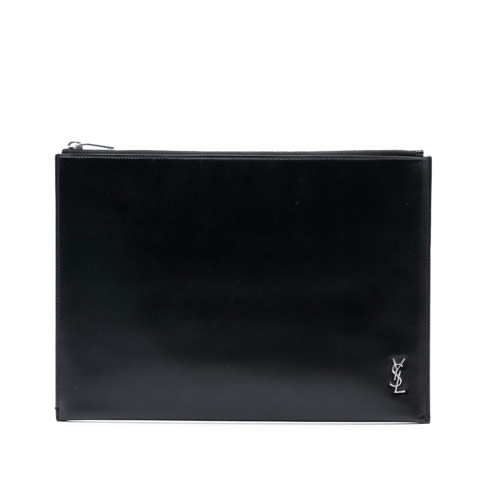 Black Leather Saint Laurent Monogram Ipad Clutch with Top Zip: Black Leather Saint Laurent Monogram Ipad Clutch with Top Zip This Saint Laurent leather monogram iPad case features a sleek black leather exterior with a top zip closure. Designed for use as a