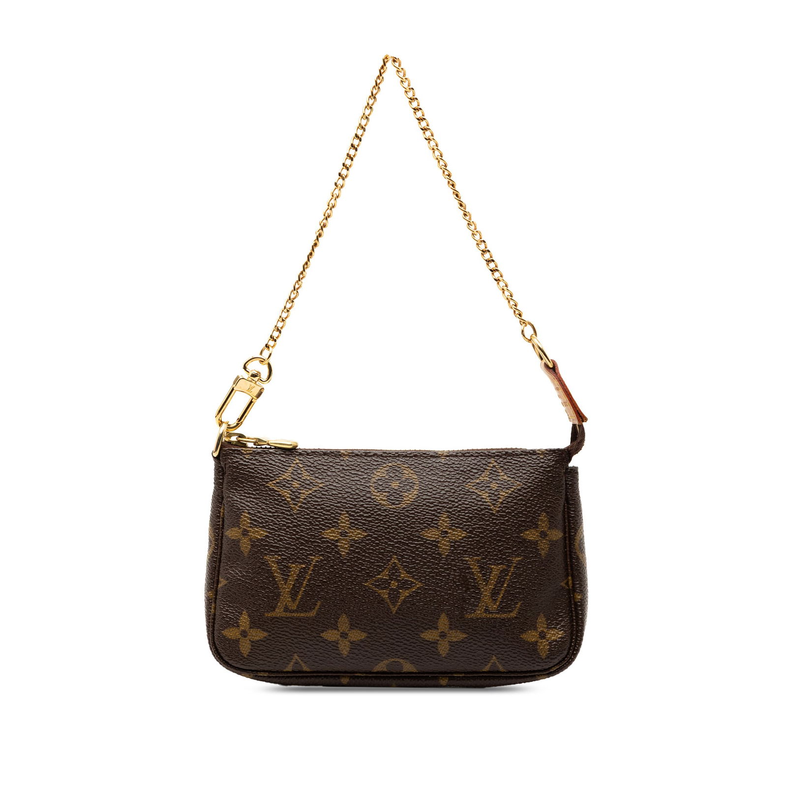 Louis Vuitton Brown Monogram Canvas Mini Pochette with Gold Chain Strap: Louis Vuitton Brown Monogram Canvas Mini Pochette with Gold Chain Strap This Louis Vuitton Mini Pochette Accessoires features the signature monogram canvas body complemented by a gold-tone chain