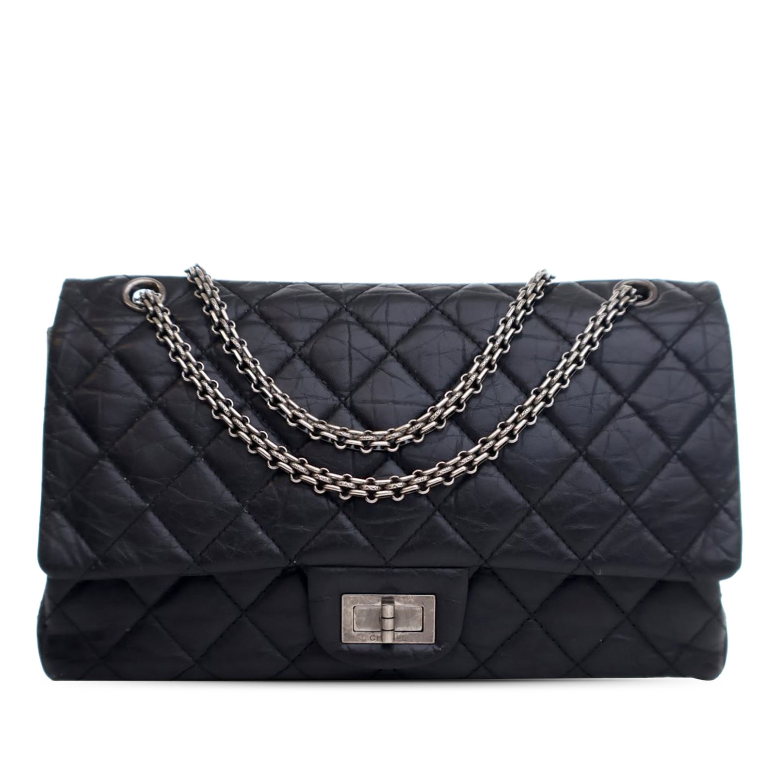 Chanel Reissue 2.55 Double Flap 227 Black Aged Calfskin Shoulder Bag: Chanel Reissue 2.55 Double Flap 227 Black Aged Calfskin Shoulder Bag Elevate your style with the Chanel Reissue 2.55 Aged Calfskin Double Flap 227 shoulder bag. Crafted from luxurious aged calfskin le
