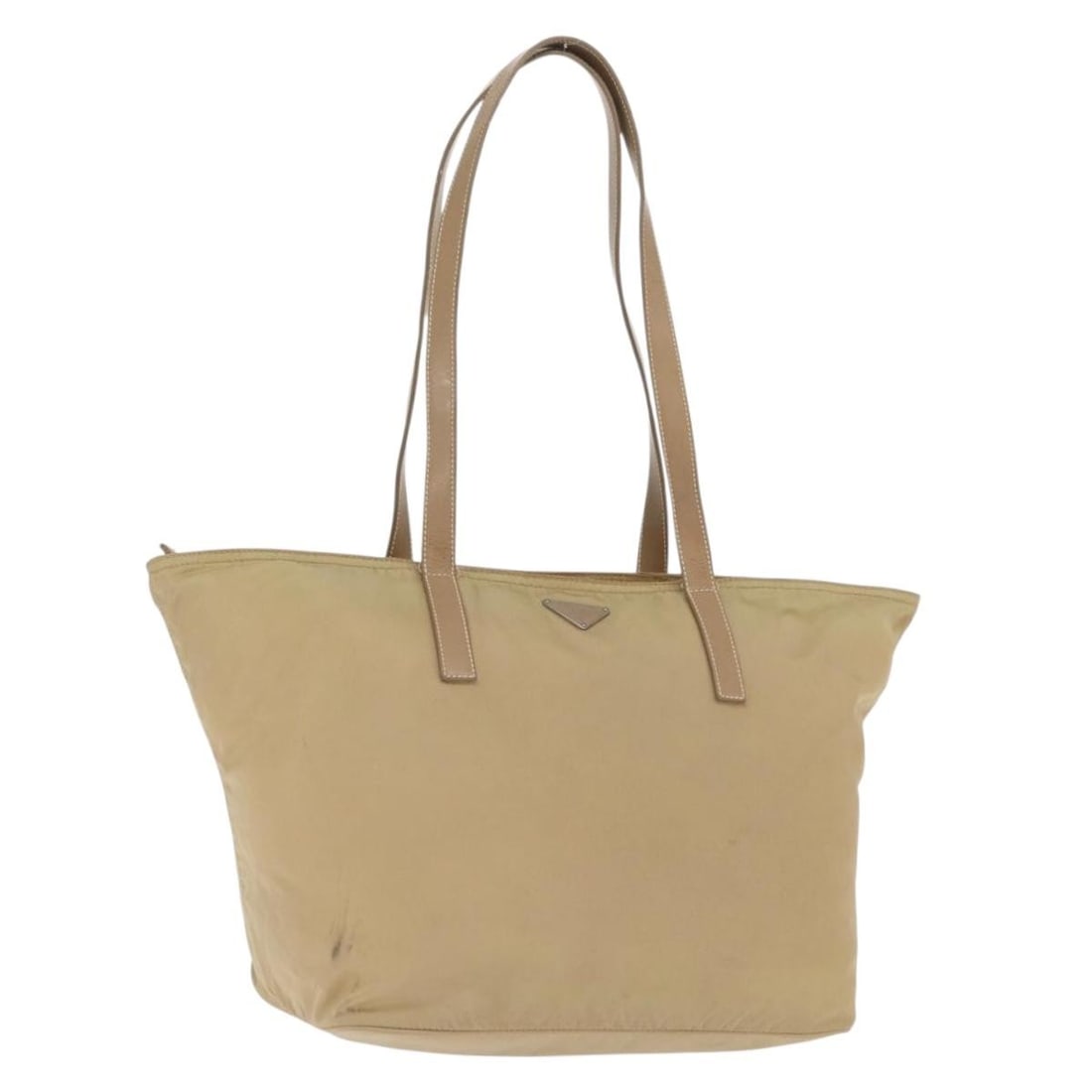 Vintage Prada Nylon Zip Tote Bag Beige 28cm by 25cm by 19cm: Vintage Prada Nylon Zip Tote Bag Beige 28cm by 25cm by 19cm This Prada Vintage Zip Tote for women features beige nylon material with a zip closure. The bag shows signs of wear including surface deform