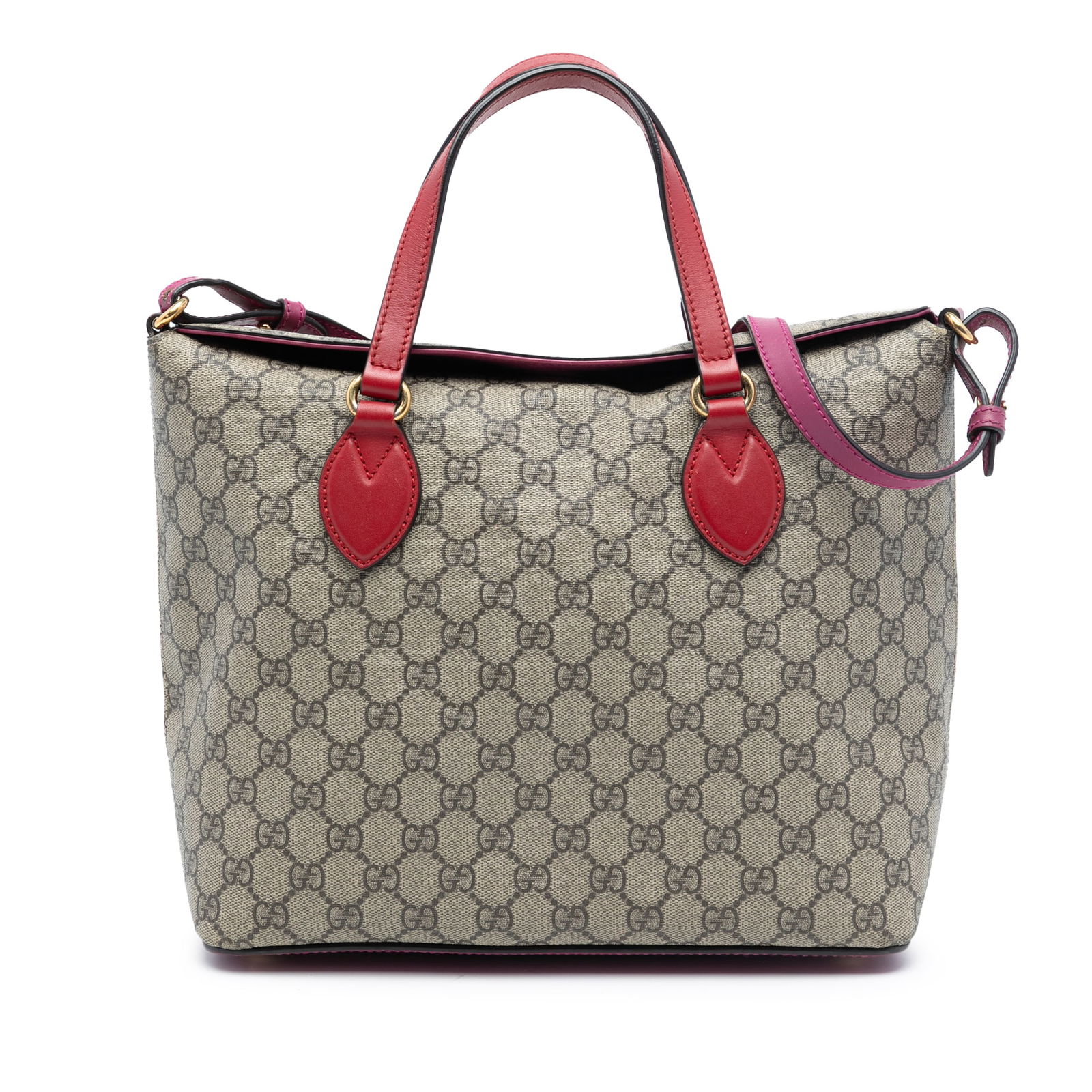 GG Supreme Linea A Brown Foldover Tote Bag with Leather Handles: GG Supreme Linea A Brown Foldover Tote Bag with Leather Handles This Gucci GG Supreme Linea A Foldover Tote features a coated canvas body with flat leather handles and a detachable flat leather strap.
