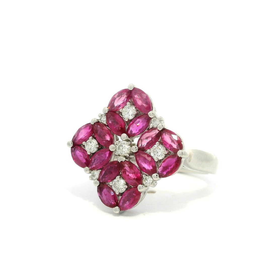 Platinum Statement Ring with Marquise Ruby and Diamond Clusters - 4