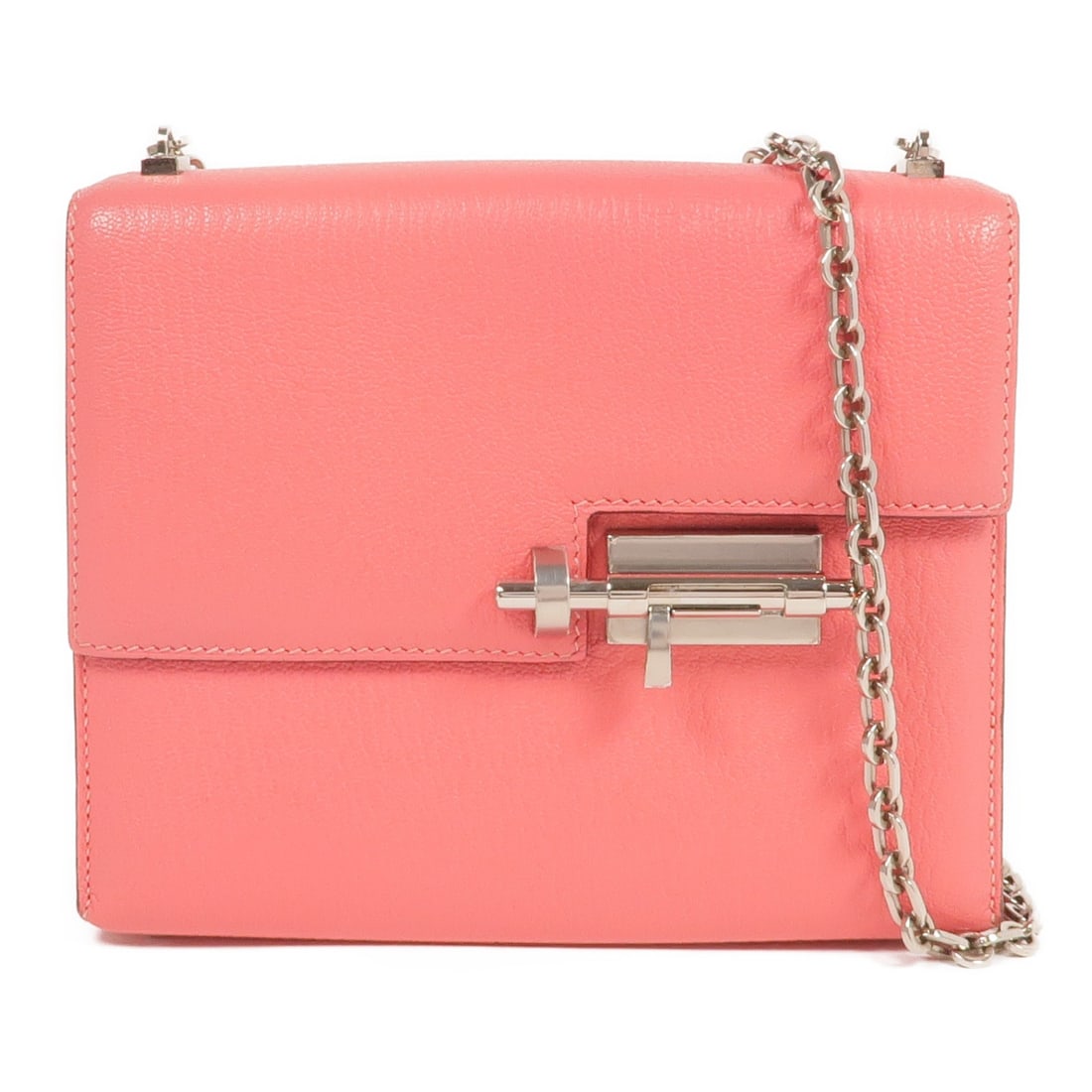 HERMES Verrou Mini Chain Shoulder Bag Pink Chevre Leather: HERMES Verrou Mini Chain Shoulder Bag Pink Chevre Leather Introducing the HERMES Verrou Mini Chain Shoulder Bag, expertly crafted from premium Chevre leather (goatskin) in a stunning Rose Lipstick hue