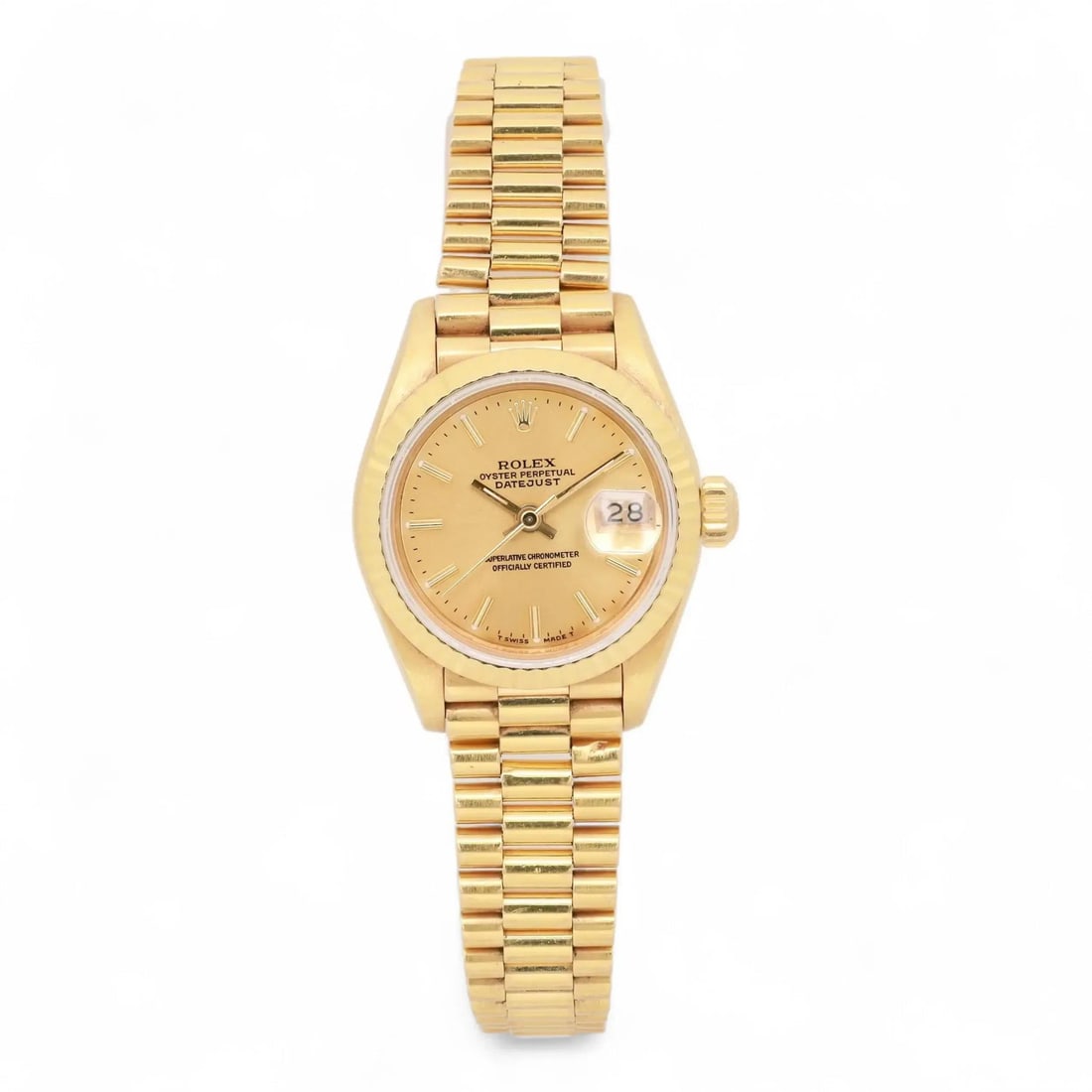 26mm Datejust Wristwatch in 18K Yellow Gold Stick Dial Model 69178: 26mm Datejust Wristwatch in 18K Yellow Gold Stick Dial Model 69178 This Rolex President Datejust wristwatch features a 26mm round case crafted from 18K yellow gold and a sunburst champagne dial with s