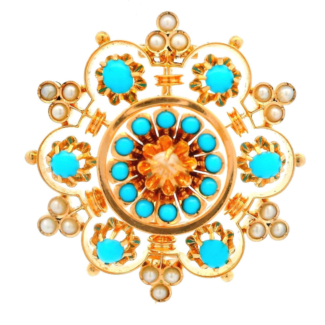 Antique Victorian 14k Rosy Yellow Gold Pearl Turquoise Floral Brooch: Antique Victorian 14k Rosy Yellow Gold Pearl Turquoise Floral Brooch This exquisite Antique Victorian brooch features a stunning floral design crafted from 14k solid rosy yellow gold. Adorned with 19