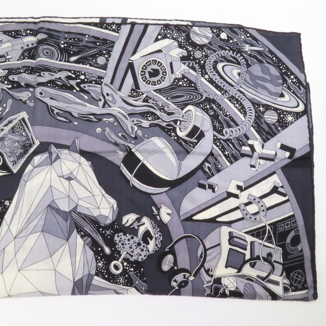 Hermes Black and Gray 90x90 Cashmere Silk Square Scarf: Hermes Black and Gray 90x90 Cashmere Silk Square Scarf This Hermes scarf features a blend of cashmere and silk, offering a luxurious feel. The scarf comes in a black and gray color palette and is craf