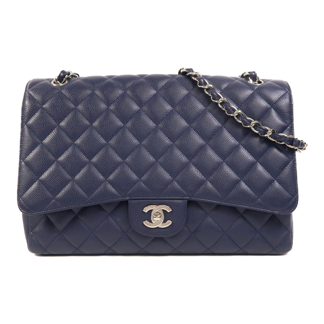 Maxi Classic Blue Calfskin Shoulder Bag by Chanel with Silver Hardware: Maxi Classic Blue Calfskin Shoulder Bag by Chanel with Silver Hardware This is a CHANEL Maxi Classic Chain Shoulder Bag crafted from blue calfskin leather. The bag features silver-tone hardware, a cha