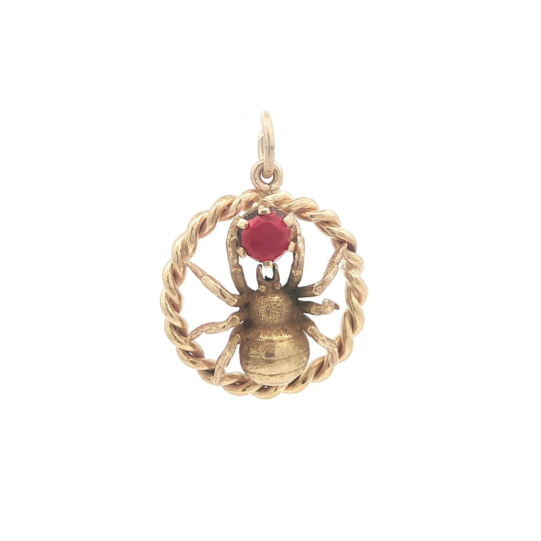 Spider Charm in 14k Yellow Gold with Rose Cut Garnet Accent: Spider Charm in 14k Yellow Gold with Rose Cut Garnet Accent This vintage charm features a detailed spider design crafted in solid 14k yellow gold. The piece is set with a single natural rose cut garne