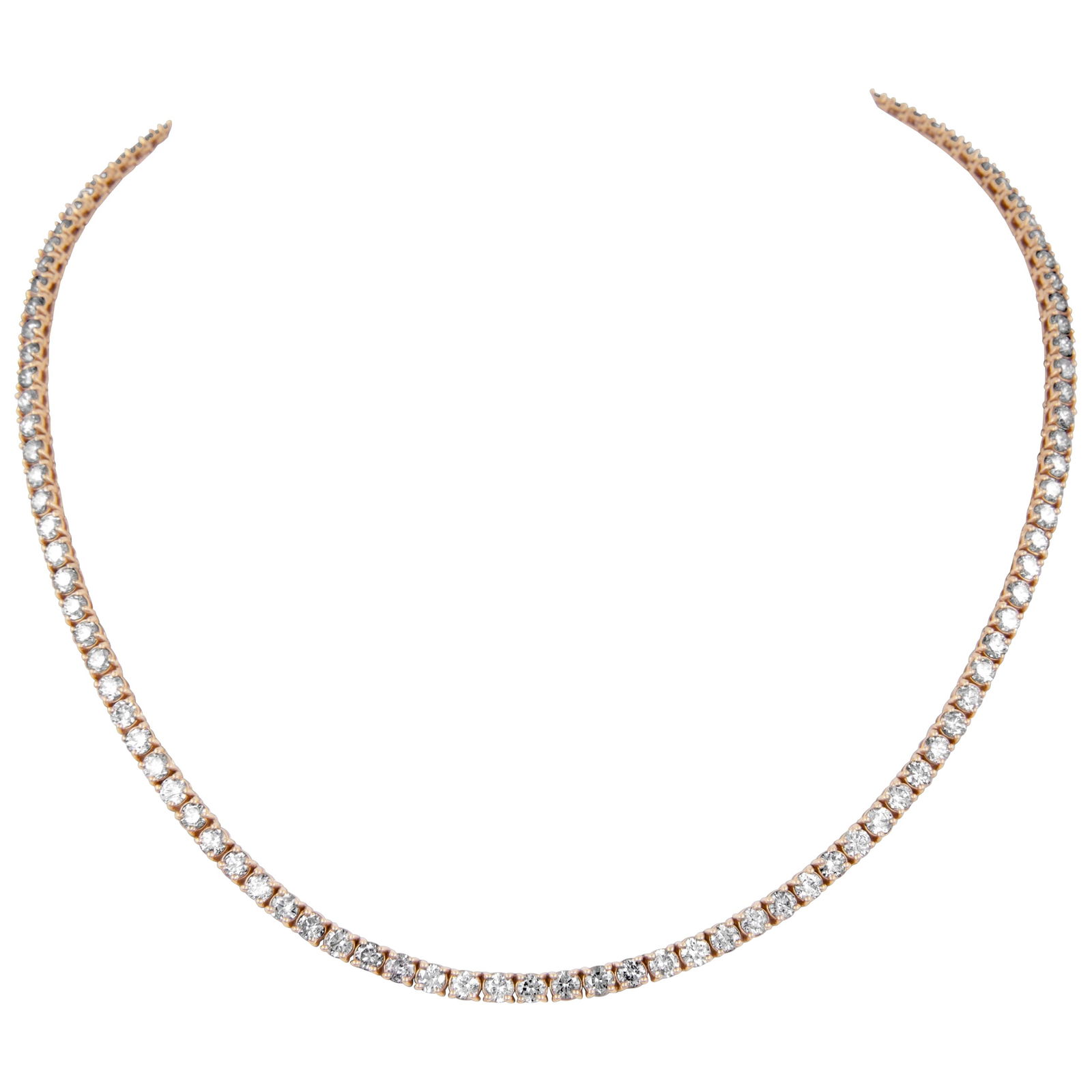 11.75ct Diamond Tennis Necklace in 14k Rose Gold: 11.75ct Diamond Tennis Necklace in 14k Rose Gold This stunning diamond tennis necklace features a total weight of 11.75 carats, showcasing 118 round brilliant diamonds with approximately G/I color and