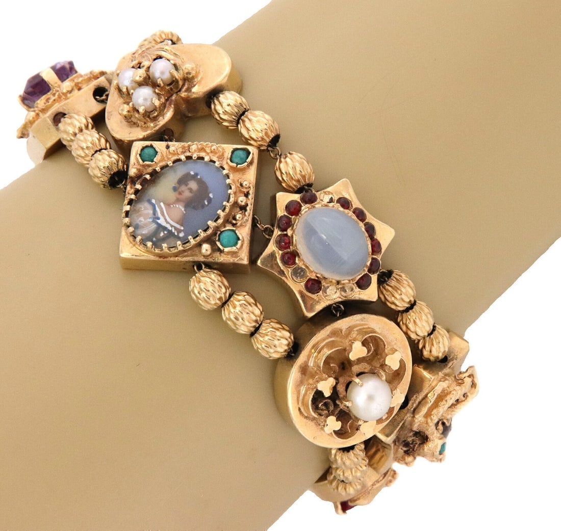 14k Yellow Gold Double Charm Bracelet with Ten Large Assorted Slides (1 of 7)