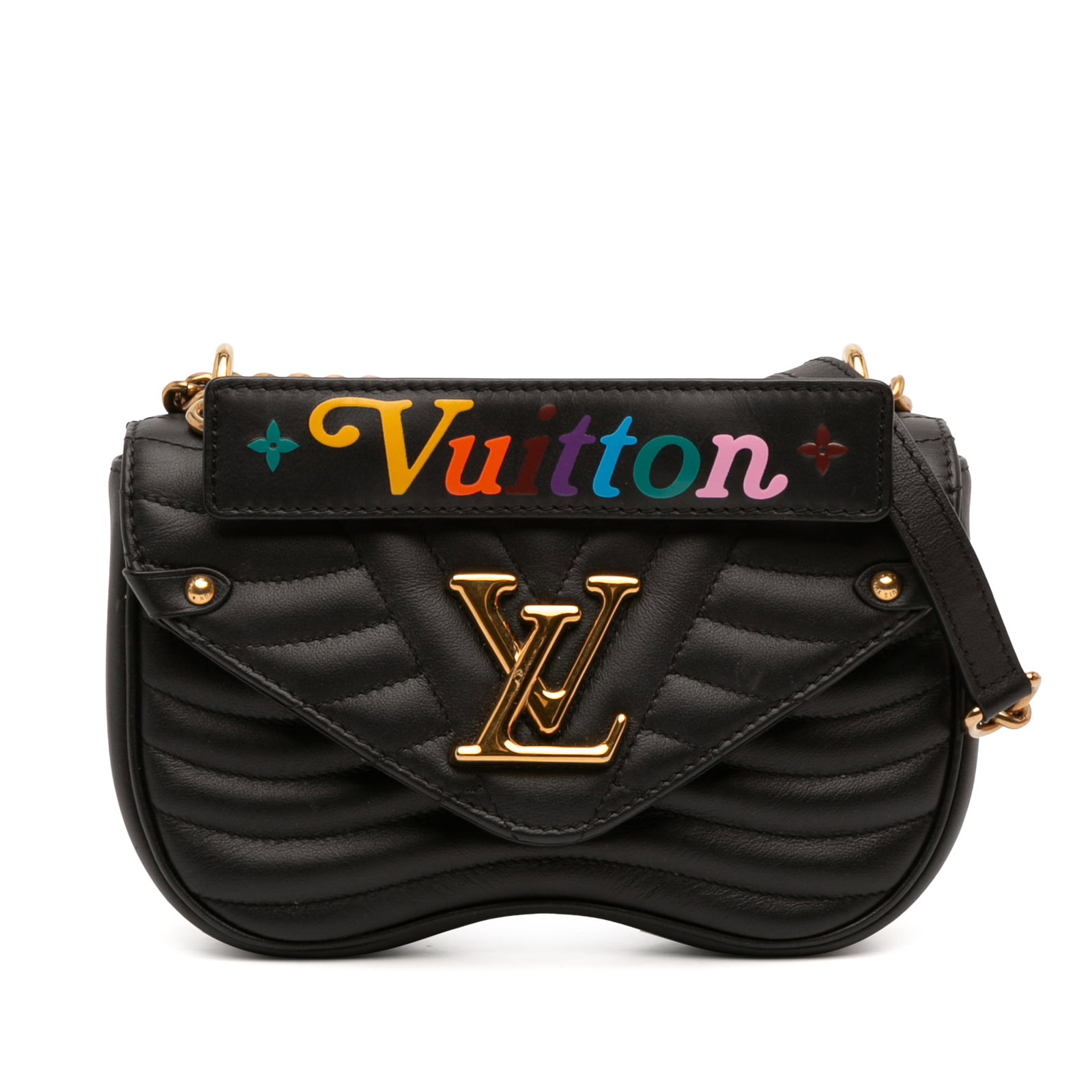 Black Leather Louis Vuitton New Wave PM Shoulder Bag with Chain Strap: Black Leather Louis Vuitton New Wave PM Shoulder Bag with Chain Strap This Louis Vuitton New Wave Chain Bag PM features a black leather body with a chain link strap and a detachable top flat leather h