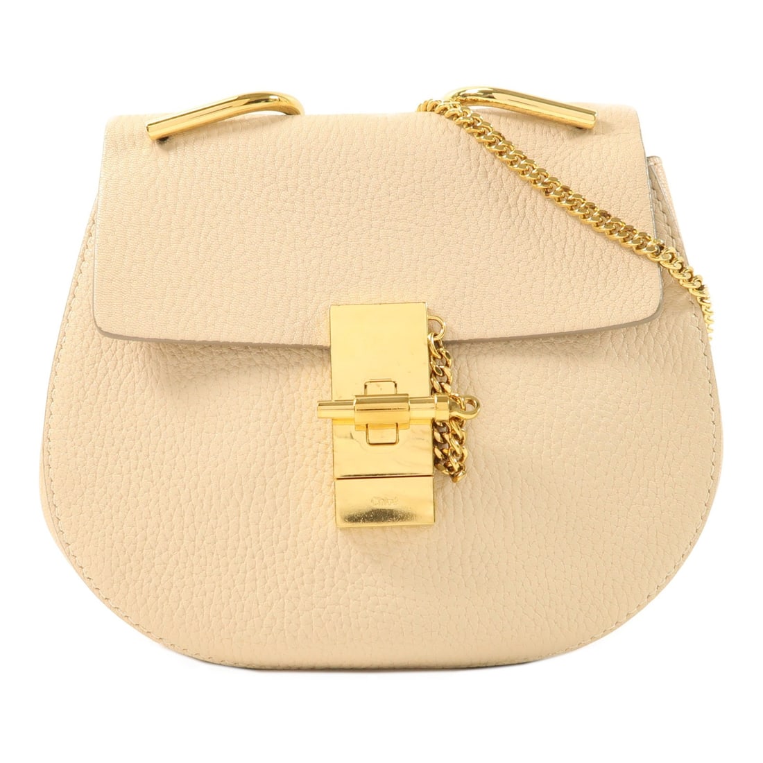 Chloe Drew Beige Calfskin Leather Shoulder Bag with Gold Tone Chain: Chloe Drew Beige Calfskin Leather Shoulder Bag with Gold Tone Chain This Chloe Drew chain shoulder bag features a beige calfskin leather exterior with a sleek and compact silhouette. The bag is design