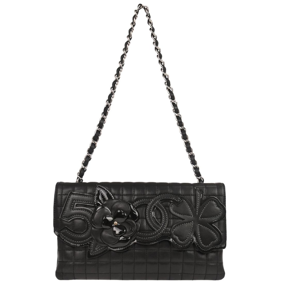 Quilted Black Lambskin Camellia No.5 Flap Chain Shoulder Bag by Chanel: Quilted Black Lambskin Camellia No.5 Flap Chain Shoulder Bag by Chanel This Chanel Camellia No.5 Chain Flap Bag is crafted from black quilted leather and features an elegant camellia decoration on the