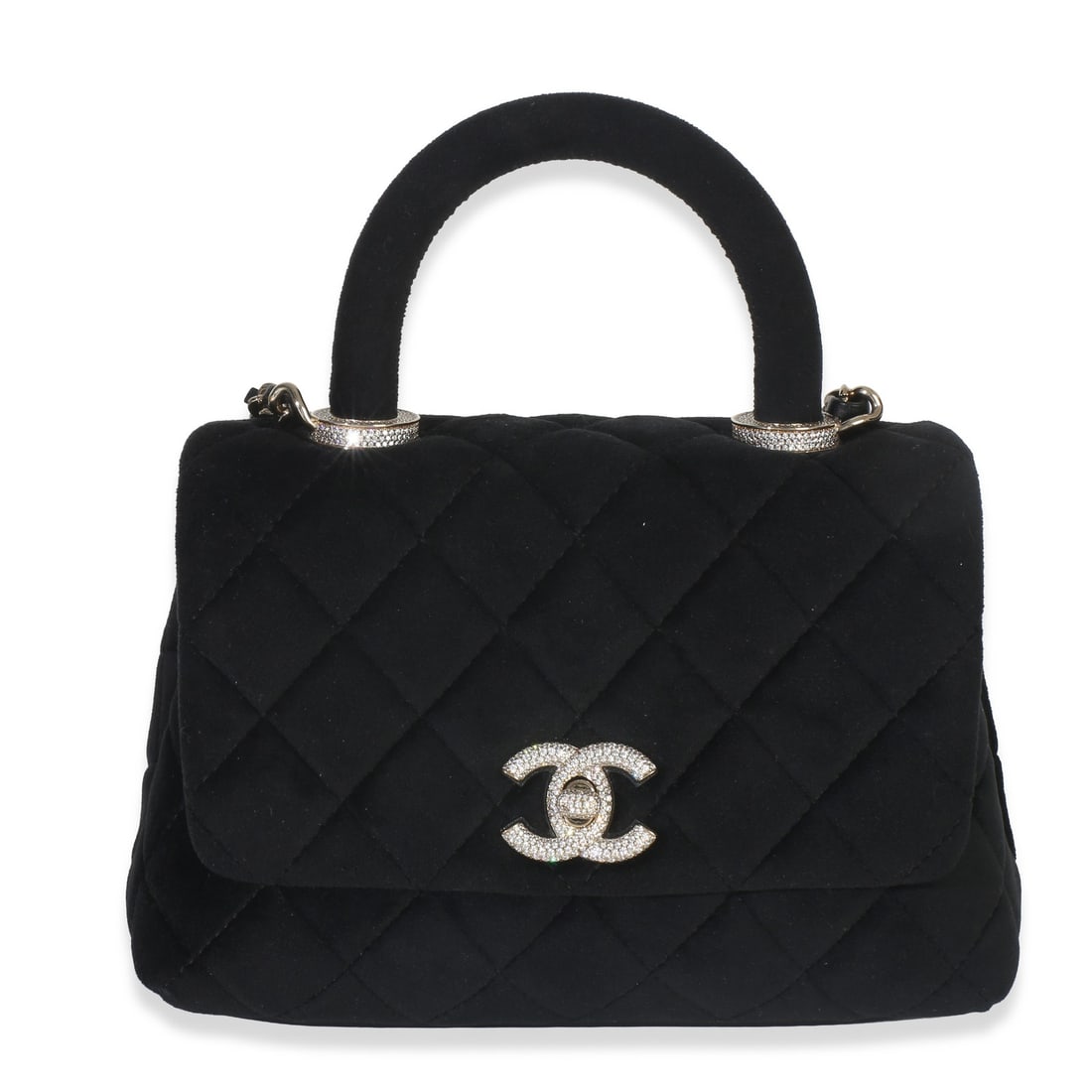 Chanel Extra Mini Coco Handle Black Velvet Flap Bag with Crystal Detail: Chanel Extra Mini Coco Handle Black Velvet Flap Bag with Crystal Detail This Chanel Extra Mini Coco Handle Flap Bag features black quilted velvet with a crystal-embellished top handle. The bag has a g