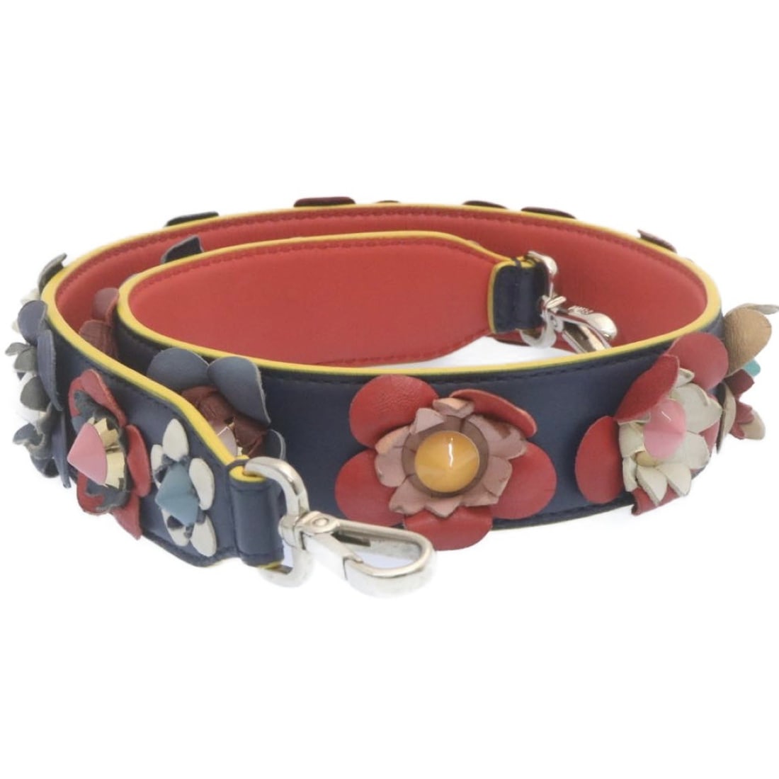 Navy Leather Shoulder Strap Flowerland by Fendi with Stud Accents: Navy Leather Shoulder Strap Flowerland by Fendi with Stud Accents This Fendi Flowerland Strap You shoulder strap is crafted from navy leather and designed for female use. It features metal fittings wi