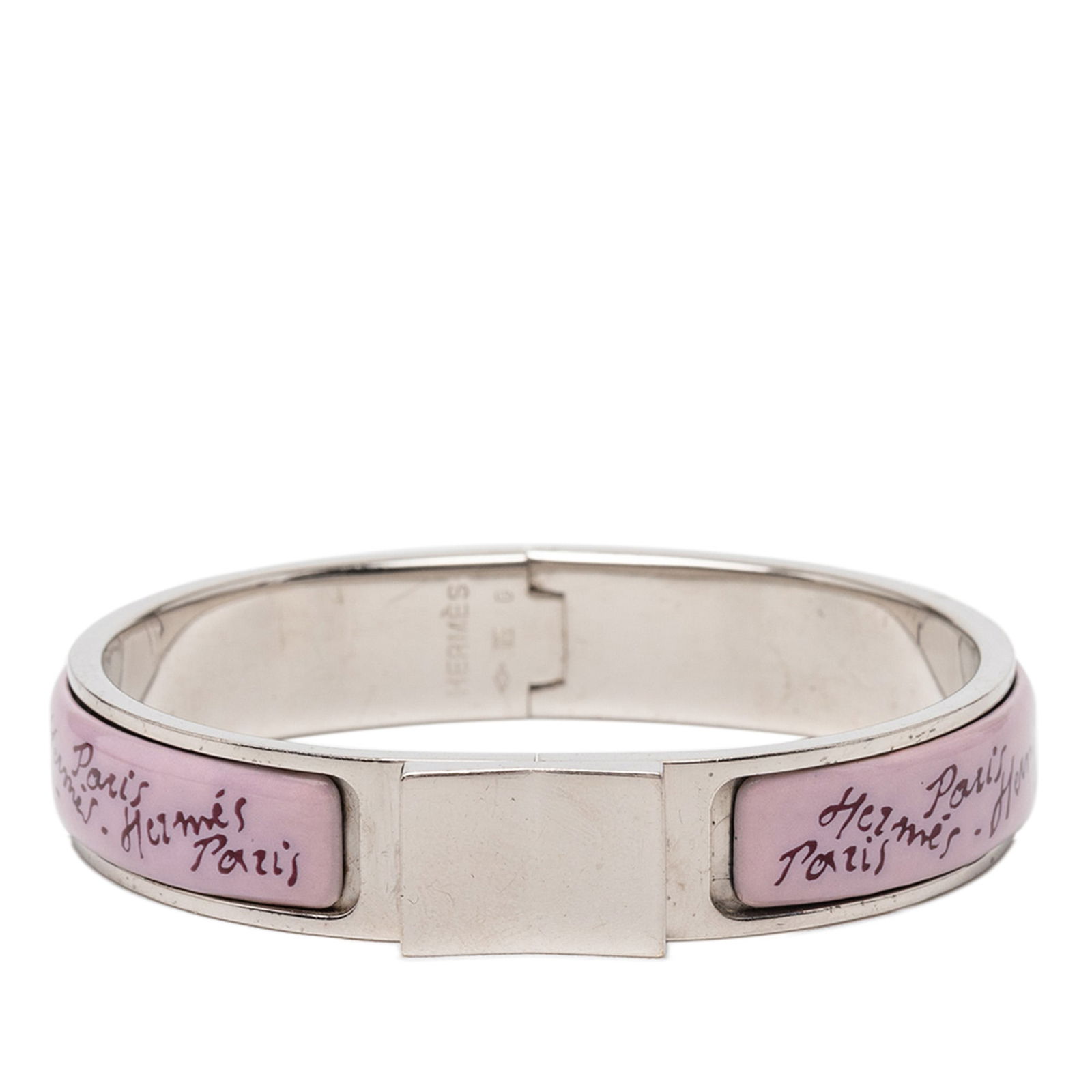 Hermes Martin Margiela Pink Enamel Palladium Hinge Bracelet PM: Hermes Martin Margiela Pink Enamel Palladium Hinge Bracelet PM This Hermes Narrow Enamel Martin Margiela Hinge Bangle PM features a printed enamel design with a palladium-plated metal body and a clasp