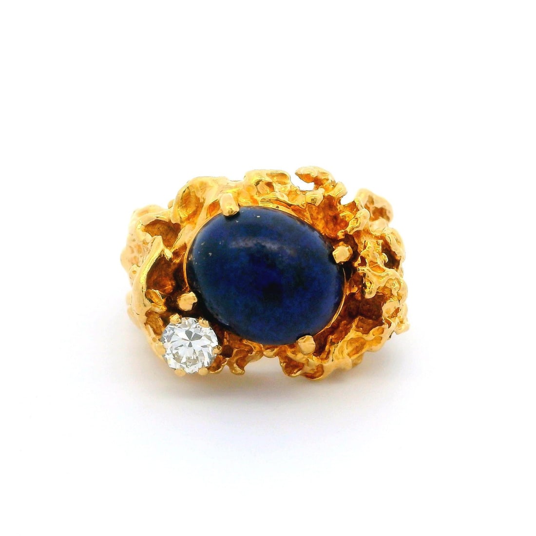 Vintage 14k Yellow Gold Lapis Cabochon Diamond Cocktail Ring: Vintage 14k Yellow Gold Lapis Cabochon Diamond Cocktail Ring This stunning vintage cocktail ring features an oval cabochon cut genuine Lapis Lazuli, showcasing a rich deep blue color with dimensions o