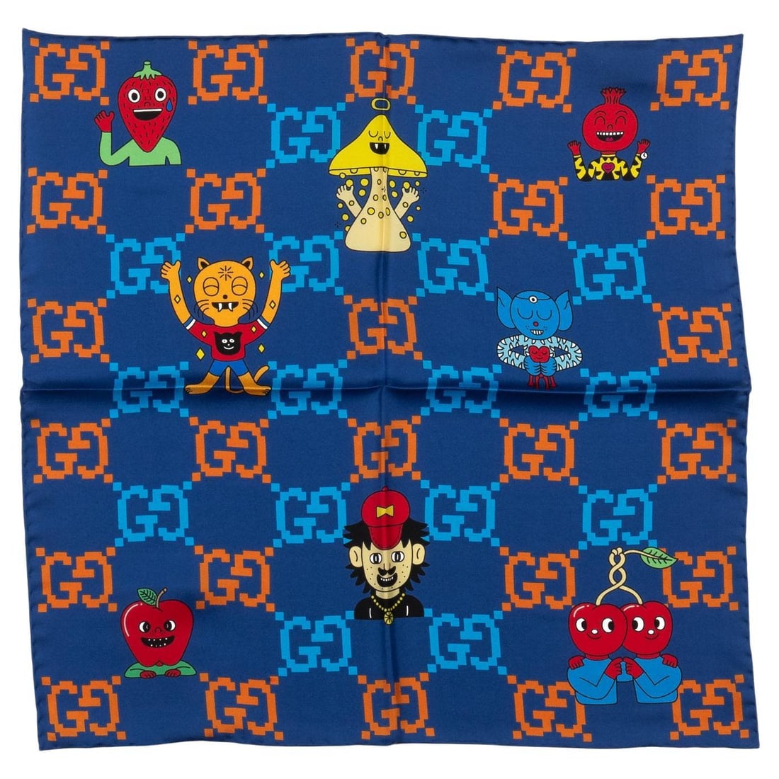 Gucci Limited Edition Monster Pix Silk Gavroche 17in Italy: Gucci Limited Edition Monster Pix Silk Gavroche 17in Italy This exclusive Gucci collectible features the "monster pix" design on a luxurious silk gavroche. Adorned with a multi GG logo, this item show