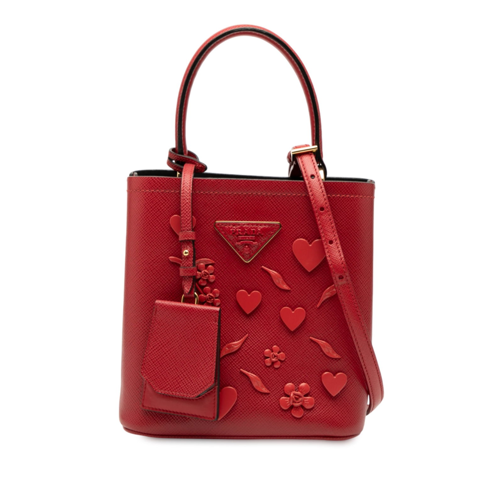 Prada Small Red Saffiano Cuir Panier Satchel with Embellishments: Prada Small Red Saffiano Cuir Panier Satchel with Embellishments This Prada Small Embellished Saffiano Cuir Panier Satchel is a stylish and sophisticated bag crafted from saffiano leather, featuring c