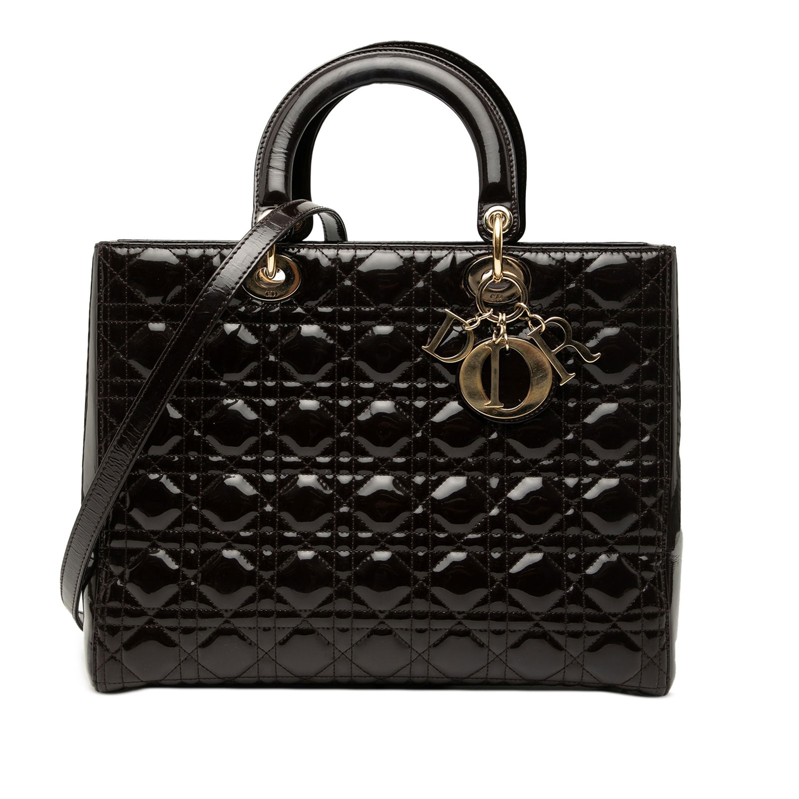 Dior Large Patent Cannage Lady Dior Bag Brown Leather: Dior Large Patent Cannage Lady Dior Bag Brown Leather Introducing the Large Patent Cannage Lady Dior, a luxurious bag that combines elegance with practicality. Crafted from high-quality patent leather