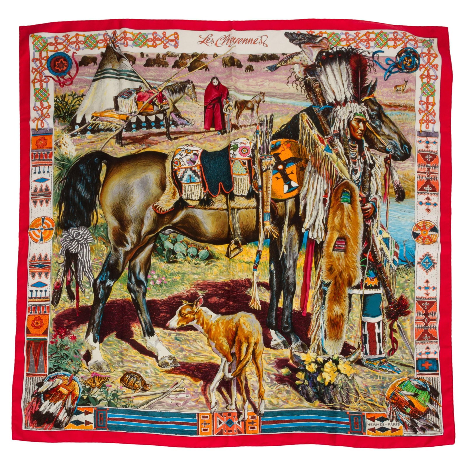 Fuchsia Silk Scarf Les Cheyennes by Kermit Oliver 35 Inch: Fuchsia Silk Scarf Les Cheyennes by Kermit Oliver 35 Inch This collectible Hermes Les Cheyennes scarf features an ornate design by Kermit Oliver in fuchsia silk. The scarf is crafted in France with ha