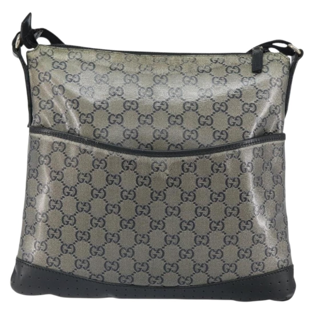 Navy Gucci Zip Messenger Bag Canvas with Perforated Leather: Navy Gucci Zip Messenger Bag Canvas with Perforated Leather This unisex Gucci Zip Messenger Bag features navy GG canvas with perforated leather accents. It measures 30cm x 28cm x 30cm and is made in I
