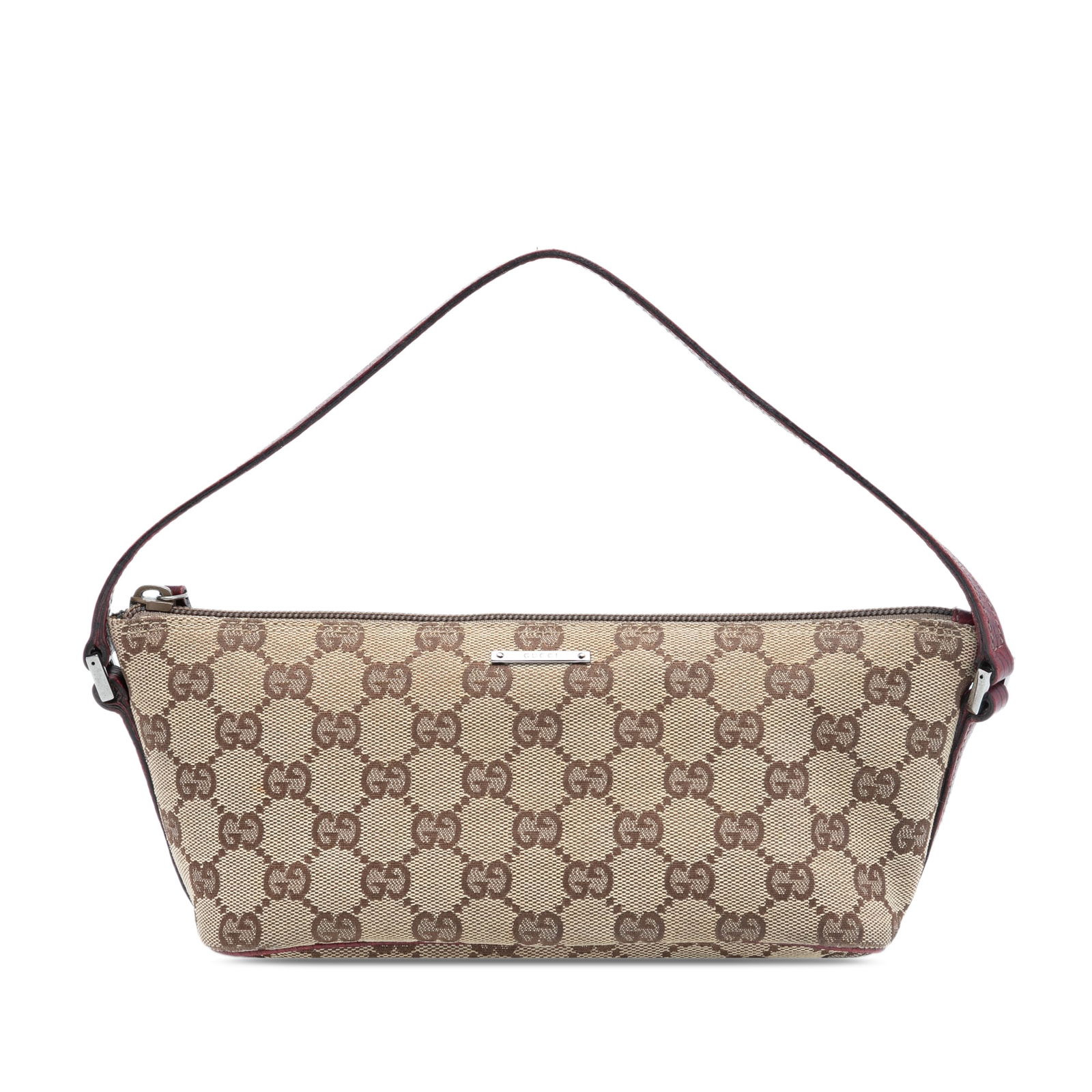 Gucci GG Canvas Boat Brown Shoulder Bag with Leather Trim: Gucci GG Canvas Boat Brown Shoulder Bag with Leather Trim This Gucci GG Canvas Boat shoulder bag features a canvas body with leather trim, a flat leather strap, and a top zip closure. The bag is brown