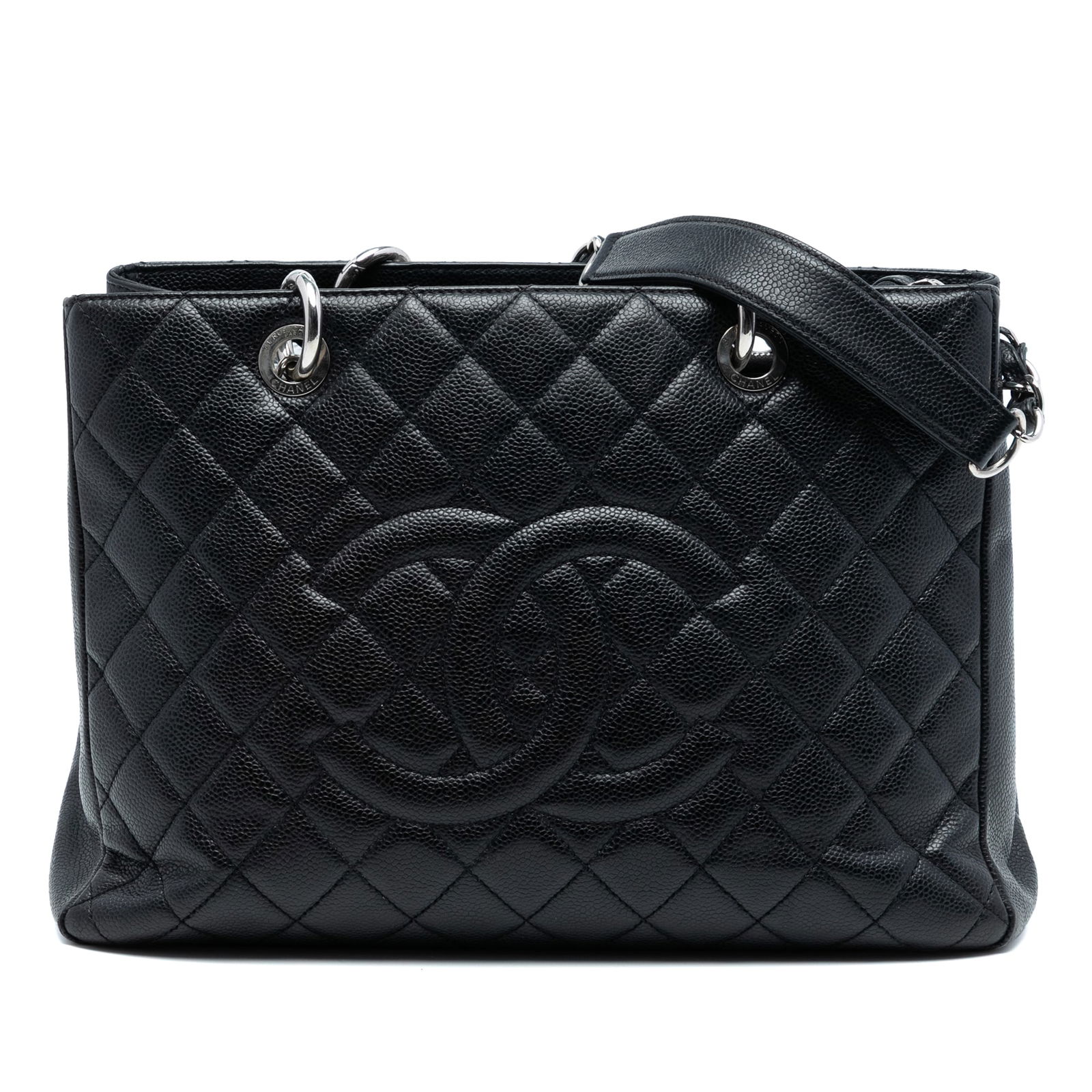 Black Quilted Leather Grand Shopping Tote by Chanel: Black Quilted Leather Grand Shopping Tote by Chanel This Chanel Caviar Grand Shopping Tote features a quilted Caviar leather body, leather woven chain shoulder straps, an open top design, an interior